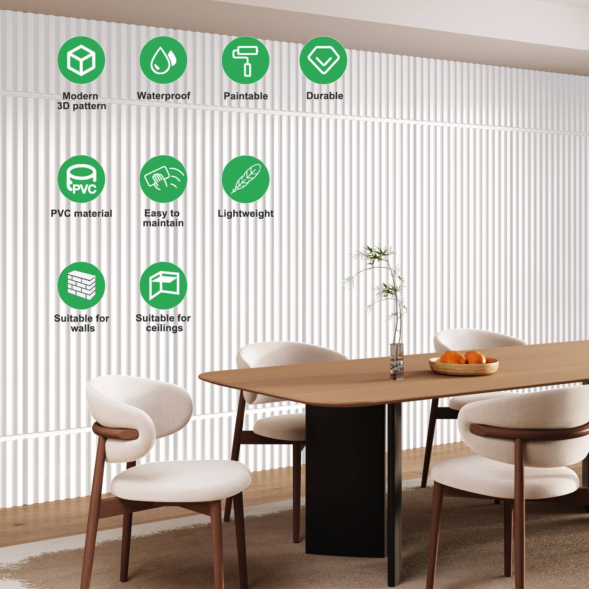 - Modern 3D pattern
- Waterproof
- Paintable
- Durable
- PVC material
- Easy to maintain
- Lightweight
- Suitable for walls
- Suitable for ceilings