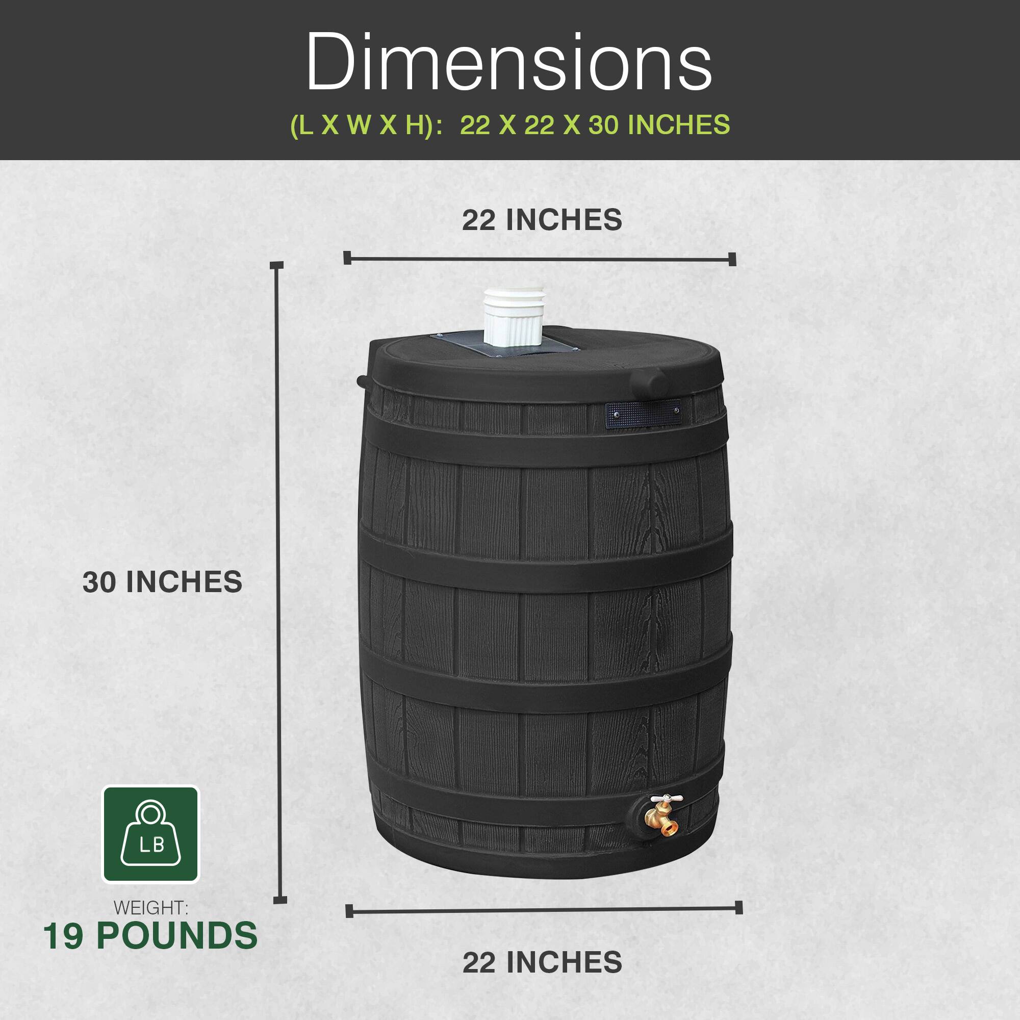Dimensions (L x W x H): 22 x 22 x 30 inches  
Weight: 19 pounds