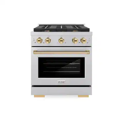 Front. ZLINE - ZLINE Autograph 30 in. Paramount Satin Steel Gas Range w/ 4 Burners & Gold Accents (SGRSZ-30-G) - Stainless Steel.