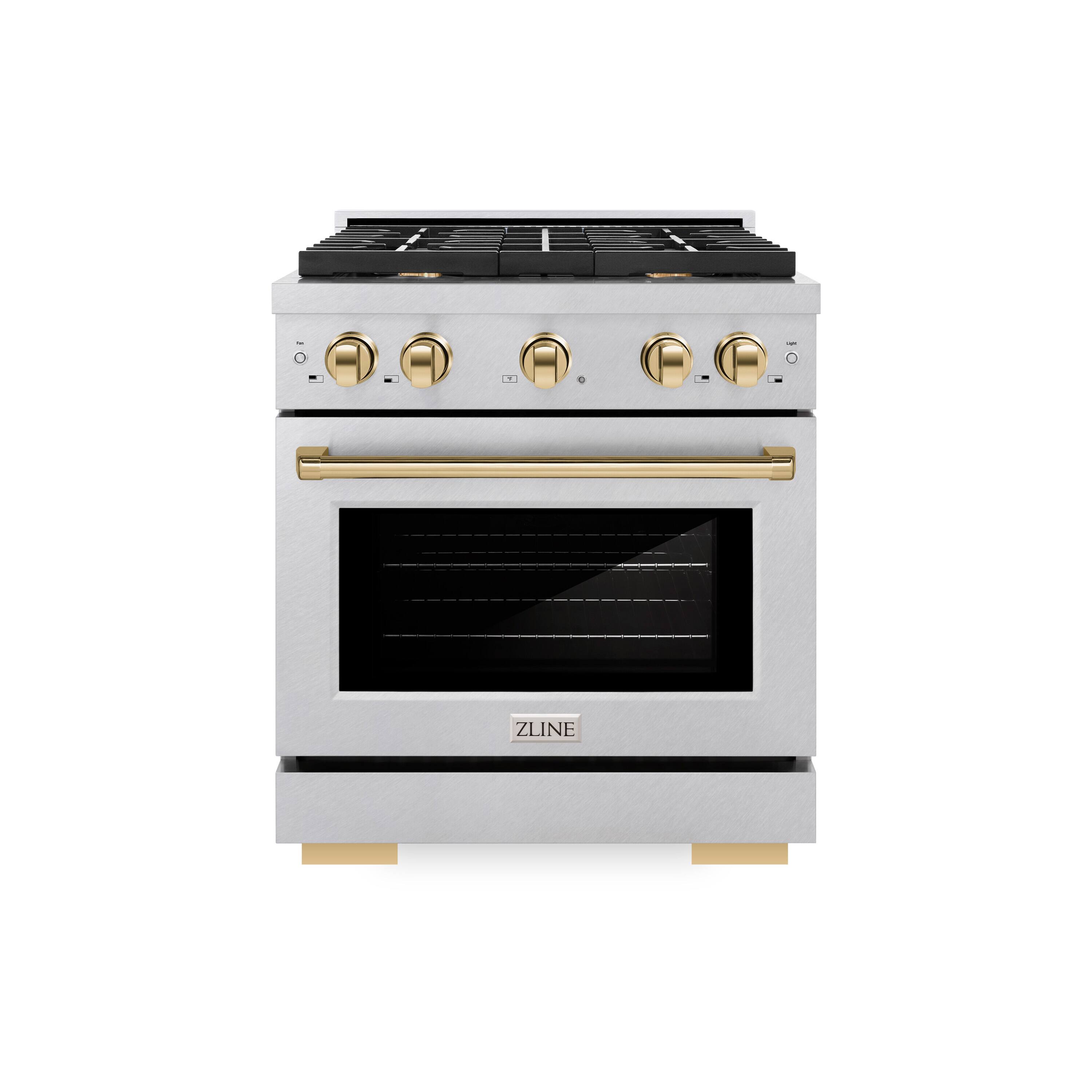 ZLINE - Autograph 30 in. Paramount Satin Steel Gas Range w/ 4 Burners & Gold Accents (SGRSZ-30-G) - Stainless Steel