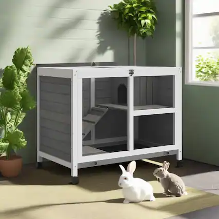 Front. Pefilos - 36" Rabbit Hutch with Wheels, Removable Tray and Openable Top, Wooden Bunny House.