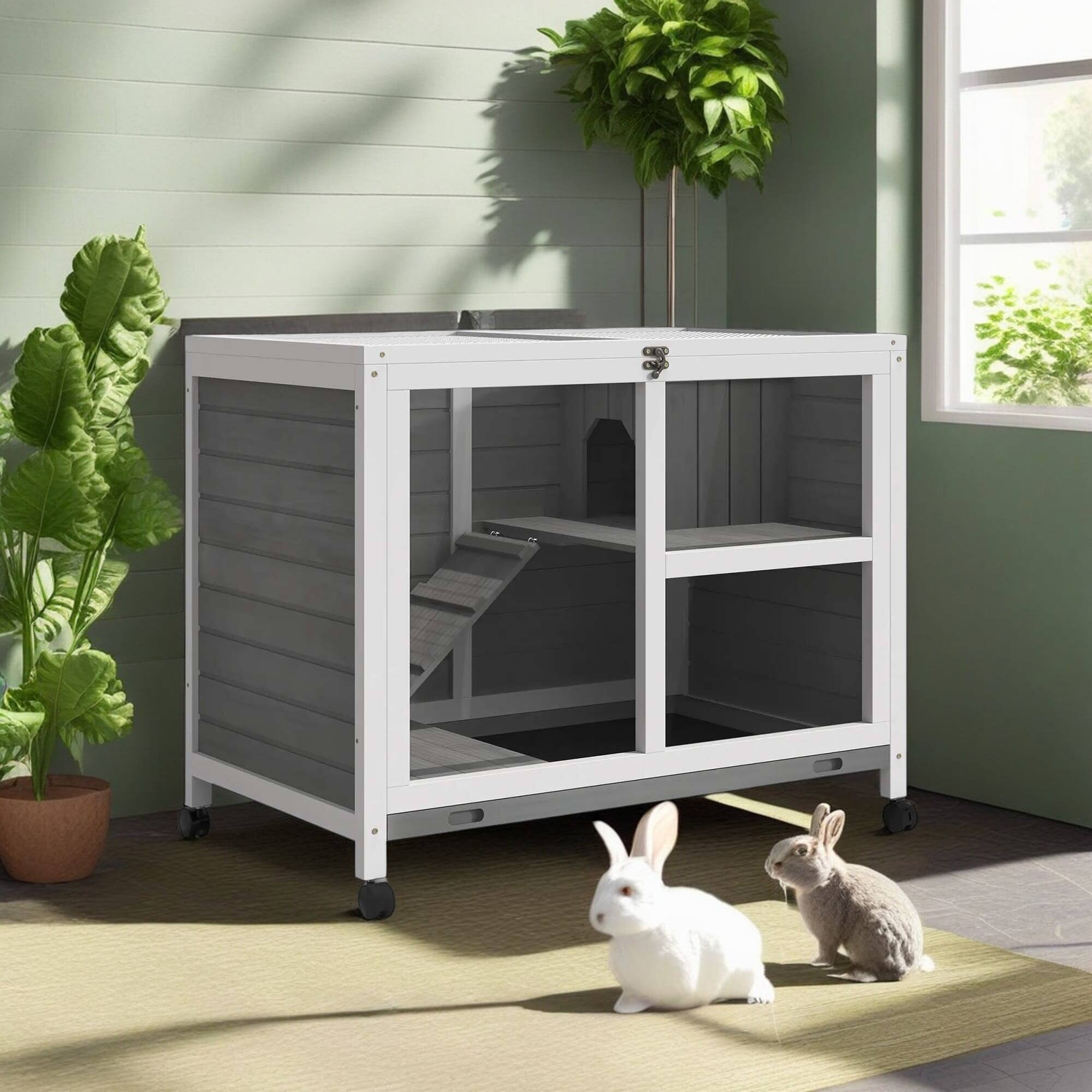 Front. Pefilos - 36" Rabbit Hutch with Wheels, Removable Tray and Openable Top, Wooden Bunny House.