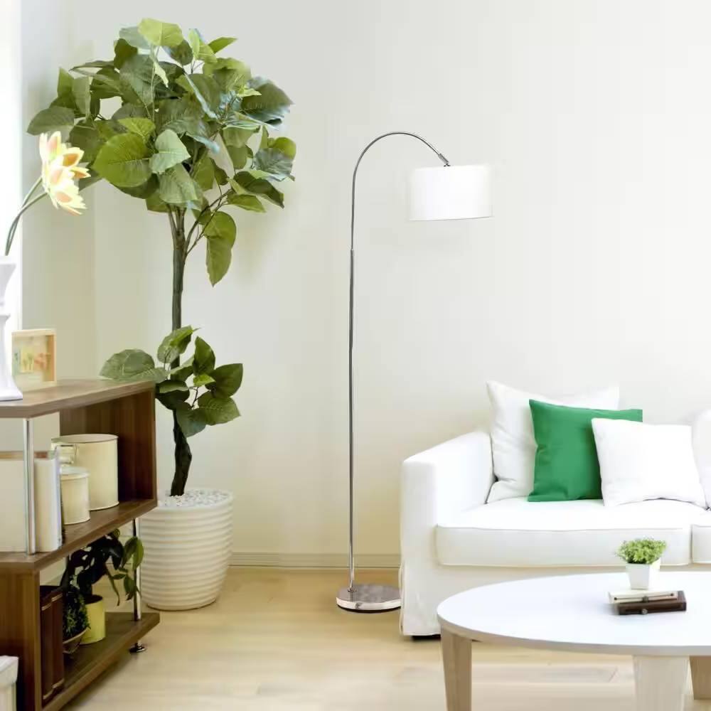 Angle. Hivvago - Modern Mid-Century Floor Lamp in Brushed Nickel Finish with White Drum Shade - White, Brushed Nickel Finish.
