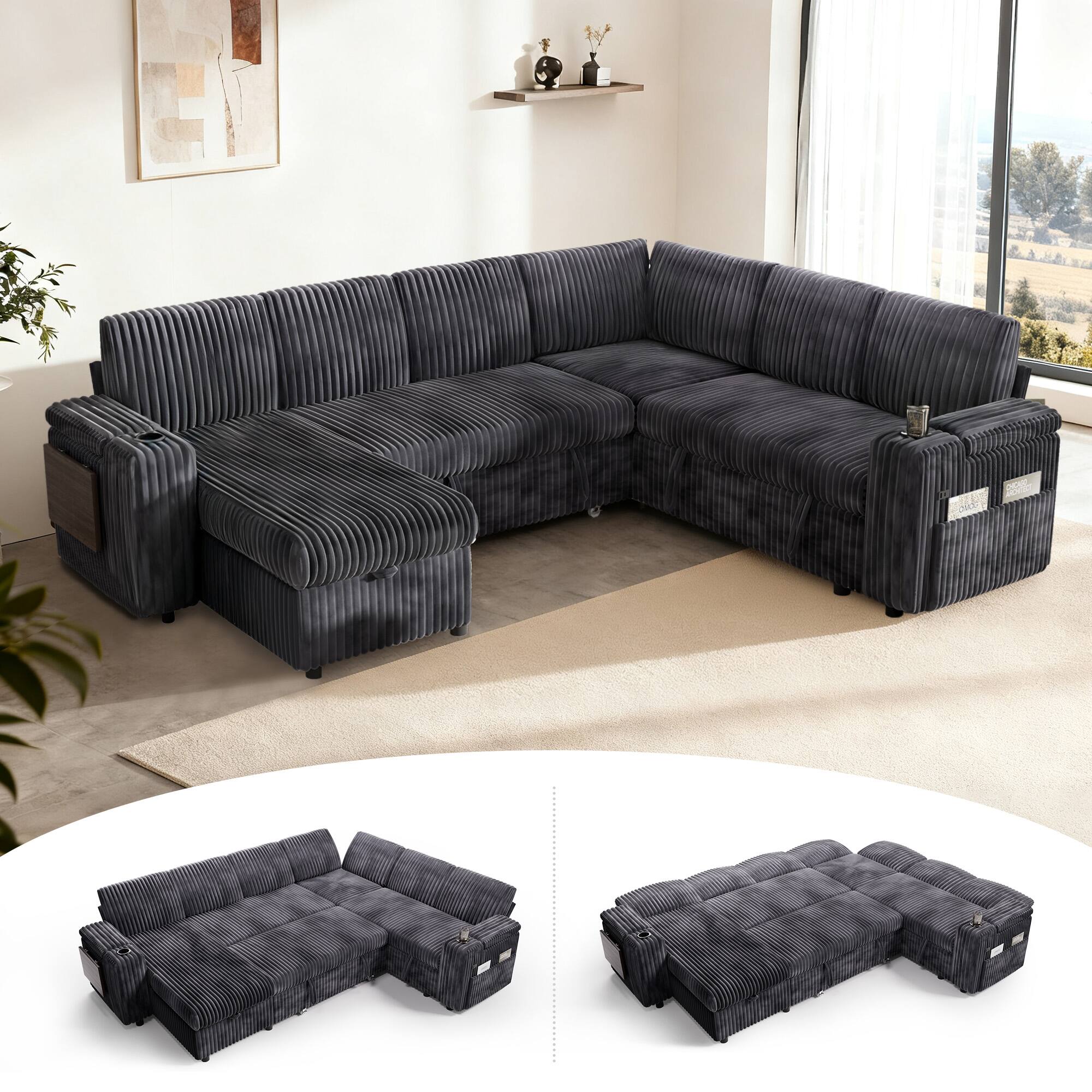 Front. Vipbear - Vipbear 110" Modular Sectional Sleeper Sofa with Pull Out Bed, 7 Seat L Shaped with Reclining Backrest,Corduroy Gray - Gray.