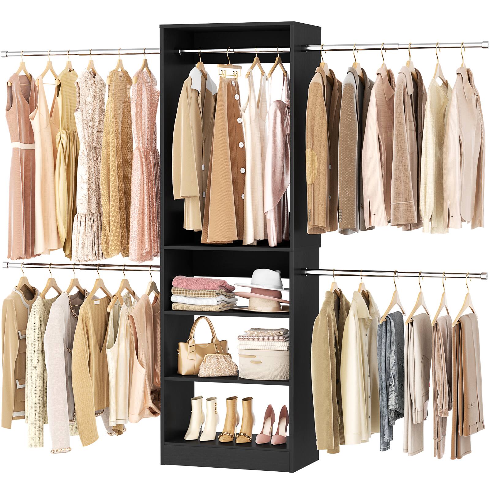 Angle. Aheaplus - 4.5-10ft Walk-In Closet Organizer: 5 Adjustable Rods & Shelving Tower, Wood Storage System - Black.