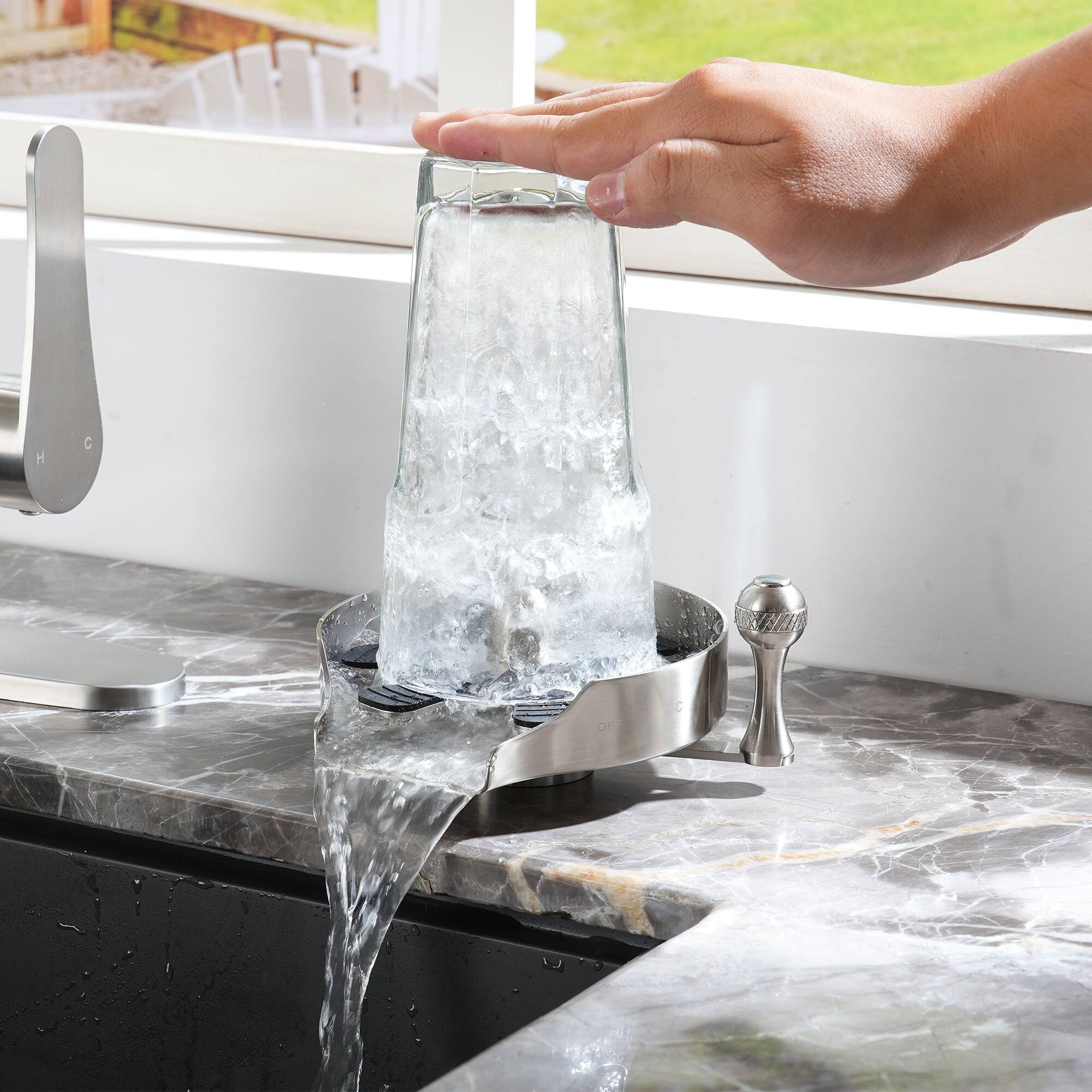 Alt View 3. Boyel Living - 5 in. Stainless Steel Glass Rinser with Hot and Cold Water Supply Hoses and T-shaped 3 way Connectors in Brushed Nickel - Brushed Nickel.