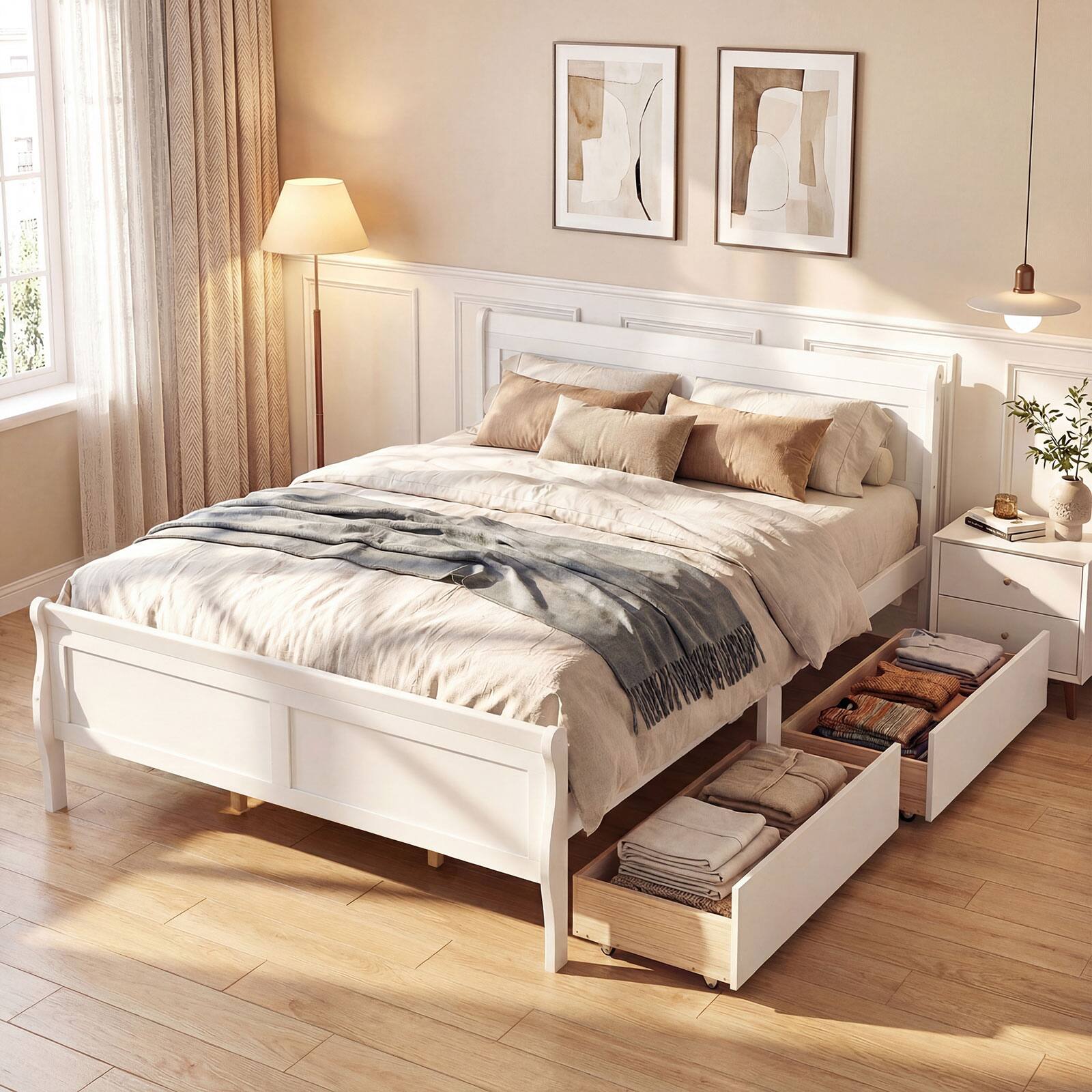 Alt View 4. Costway - Costway Queen Size Bed Frame with Storage Drawers, Wood Platform Bed with Headboard Footboard - White.