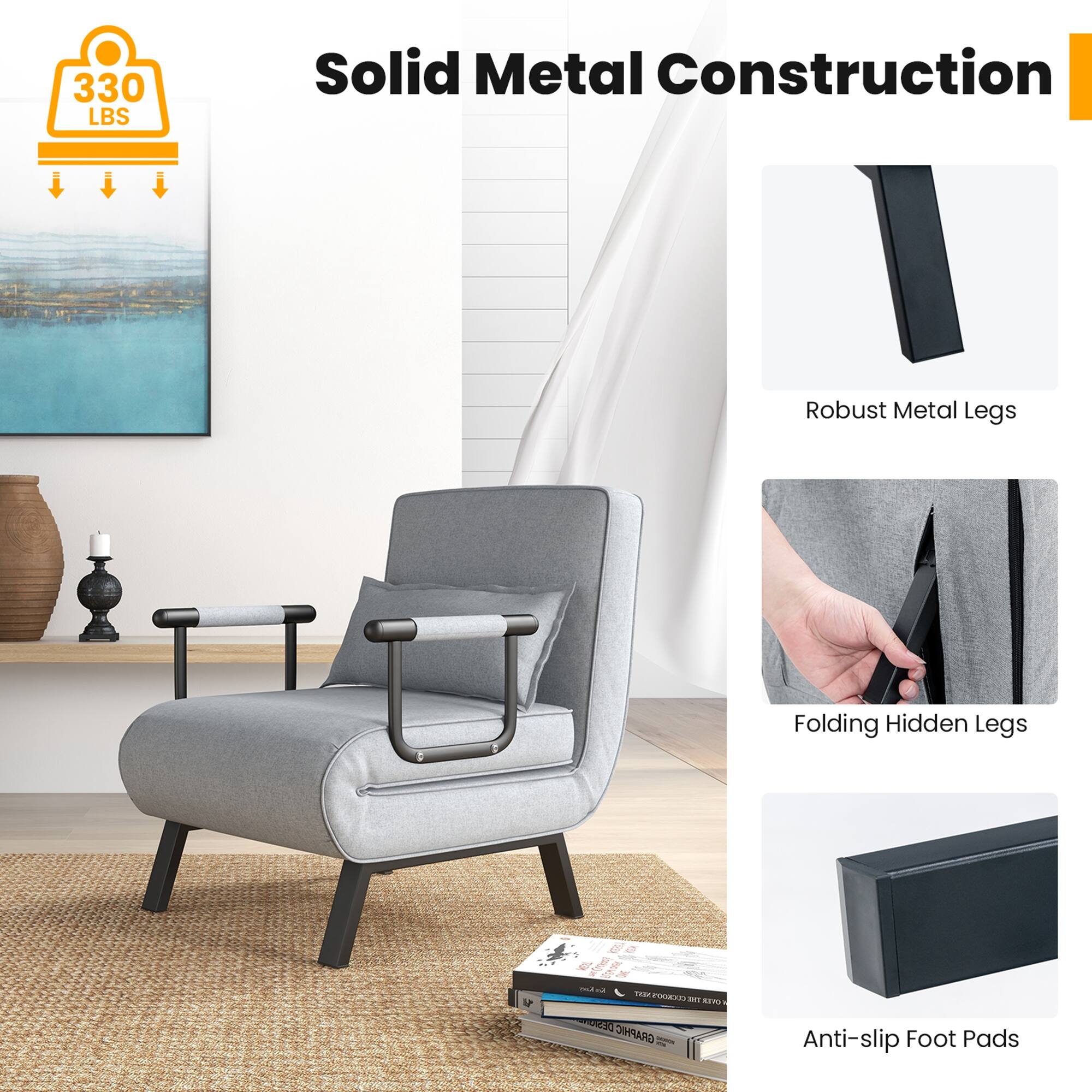 Solid Metal Construction

330 LBS

- Robust Metal Legs
- Folding Hidden Legs
- Anti-slip Foot Pads