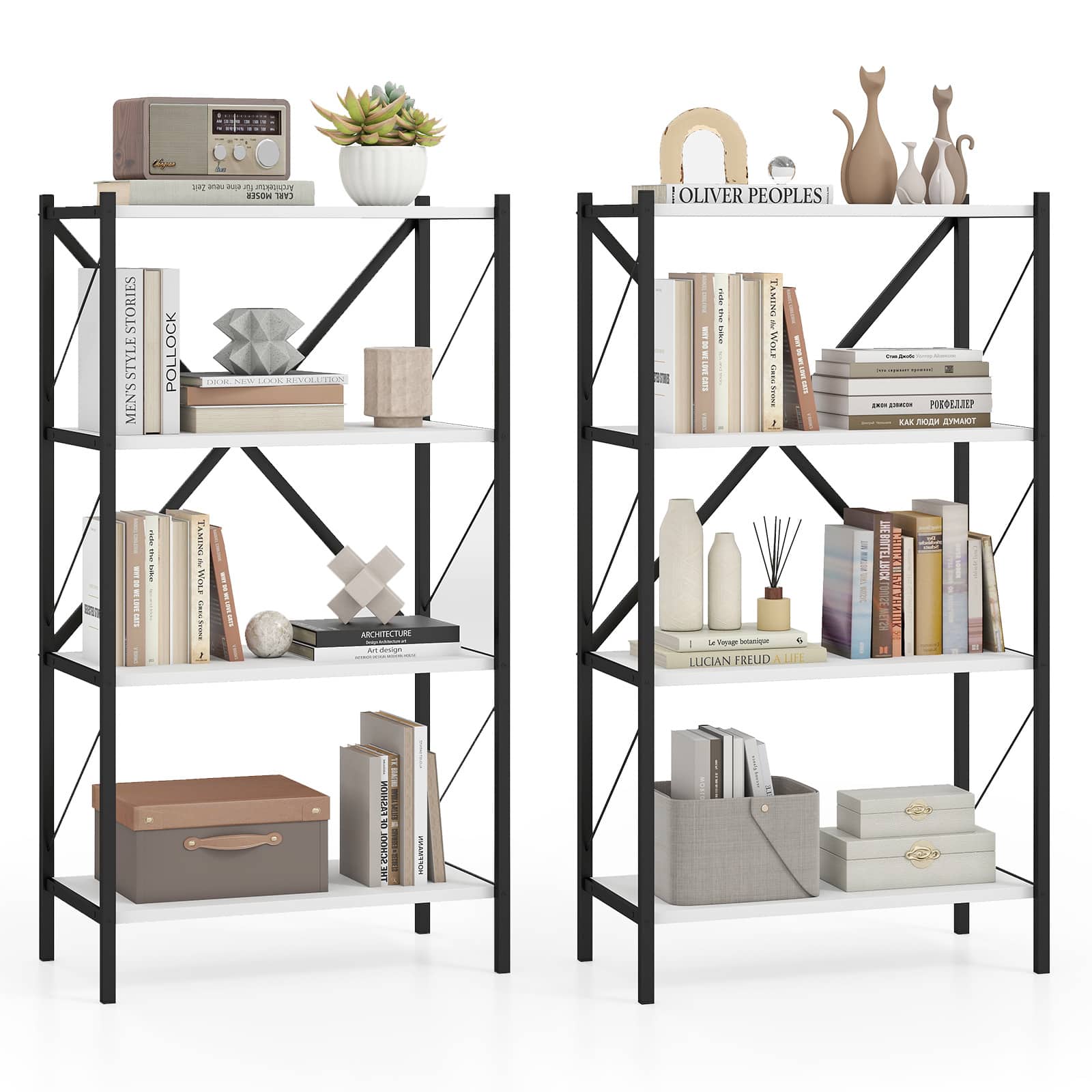 Gymax - 2PCS 4-Tier Bookshelf Book Holder w/Heavy-Duty Metal Frame for Living Room - White