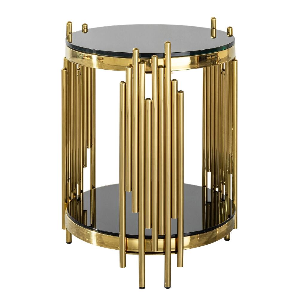 Alt View 4. Loheer - Loheer Round End Table Black Glass Side Table Gold Metal Frame - Black.