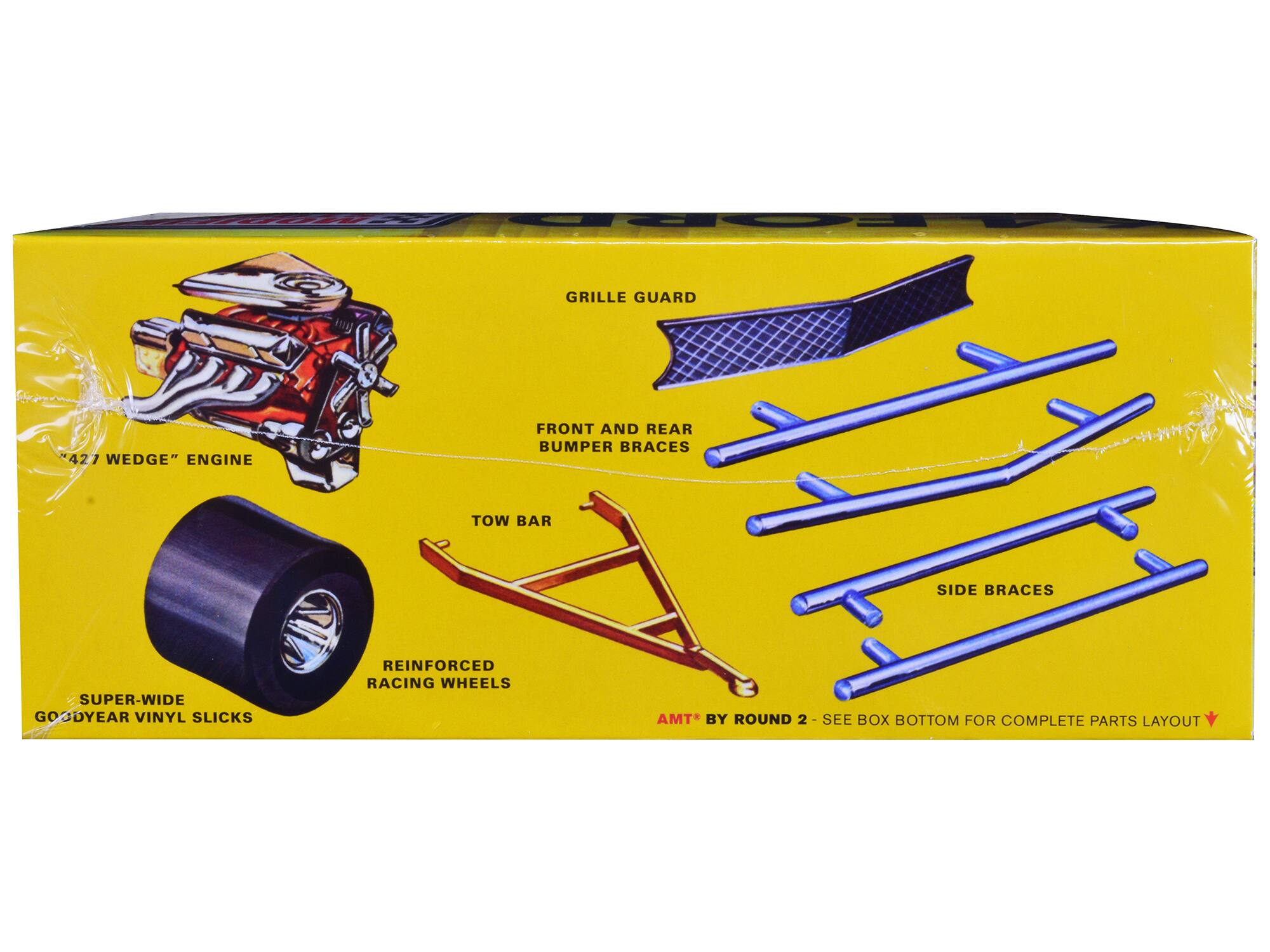 - "427 WEDGE" ENGINE
- GRILLE GUARD
- FRONT AND REAR BUMPER BRACES
- TOW BAR
- SIDE BRACES
- SUPER-WIDE GOODYEAR VINYL SLICKS
- REINFORCED RACING WHEELS
- AMT BY ROUND 2
- SEE BOX BOTTOM FOR COMPLETE PARTS LAYOUT