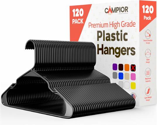 120 Pack CAMPIOR 120 Pack Premium High Grade Plastic Hangers Smart Shoulder Groves Sleek Design Maximum Capacity Light Weight Design