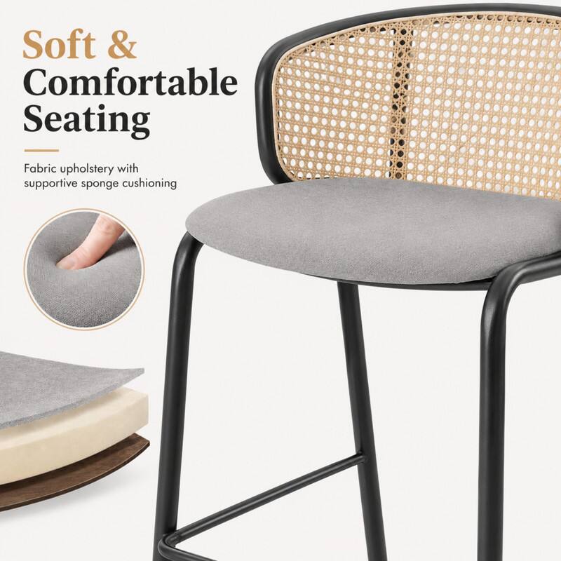 LeisureMod Ervilla Mid Century Modern Wicker Bar Stool, Fabric Seat ...