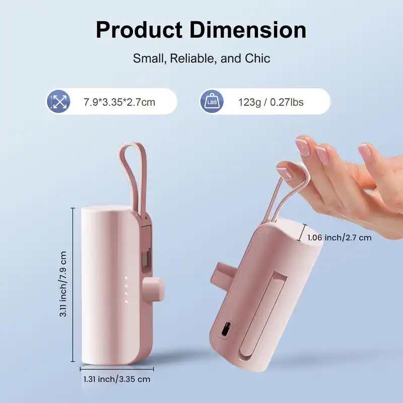 Product Dimension  
Small, Reliable, and Chic  

7.9*3.35*2.7cm  
123g / 0.27lbs  

3.11 inch/7.9 cm  
1.31 inch/3.35 cm  
1.06 inch/2.7 cm