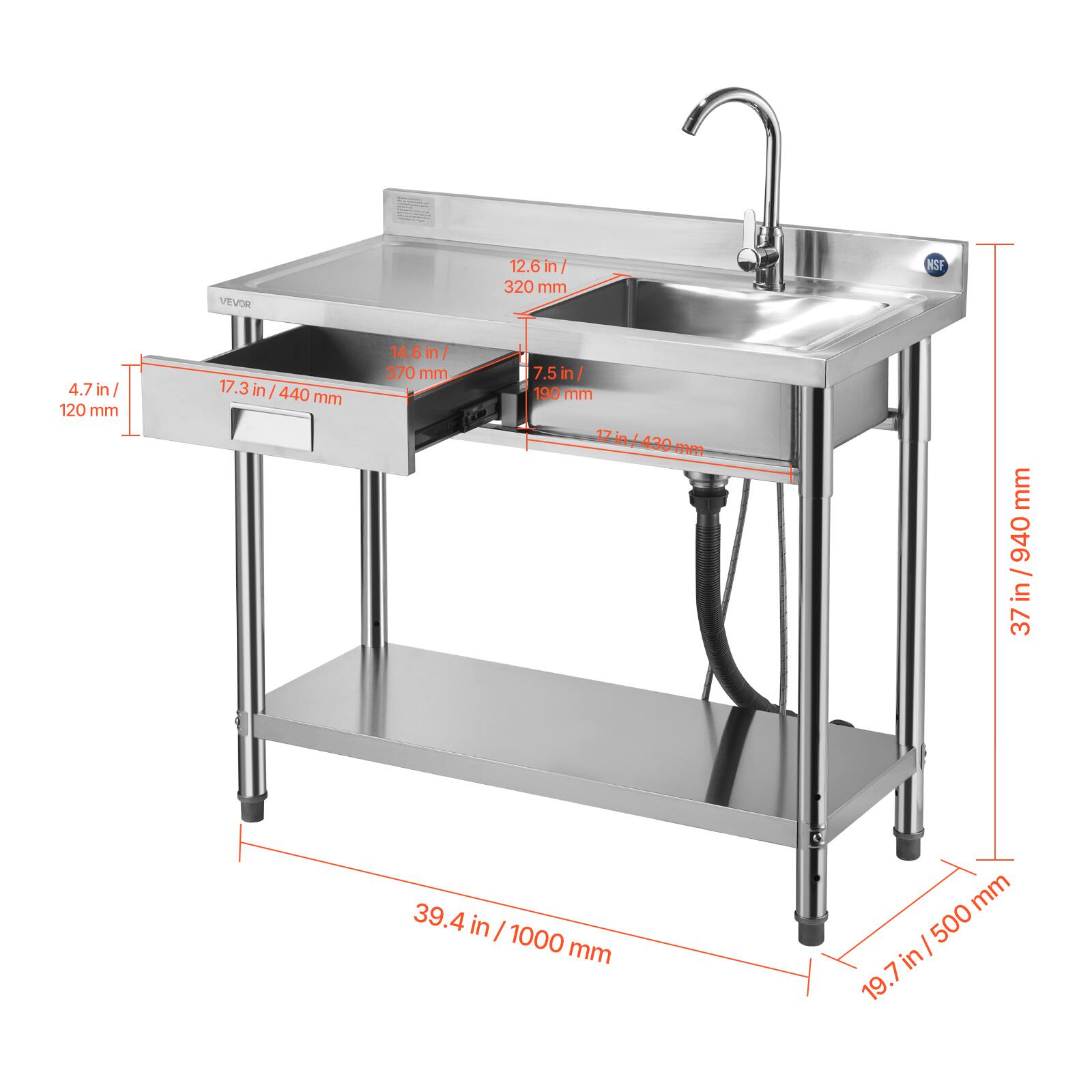 Sure, here is the corrected and grouped text from the image:

- **VEVOR**
- **12.6 in / 320 mm**
- **4.7 in / 120 mm**
- **14.6 in / 370 mm**
- **17.3 in / 440 mm**
- **7.5 in / 190 mm**
- **17 in / 430 mm**
- **37 in / 940 mm**
- **39.4 in / 1000 mm**
- **19.7 in / 500 mm**