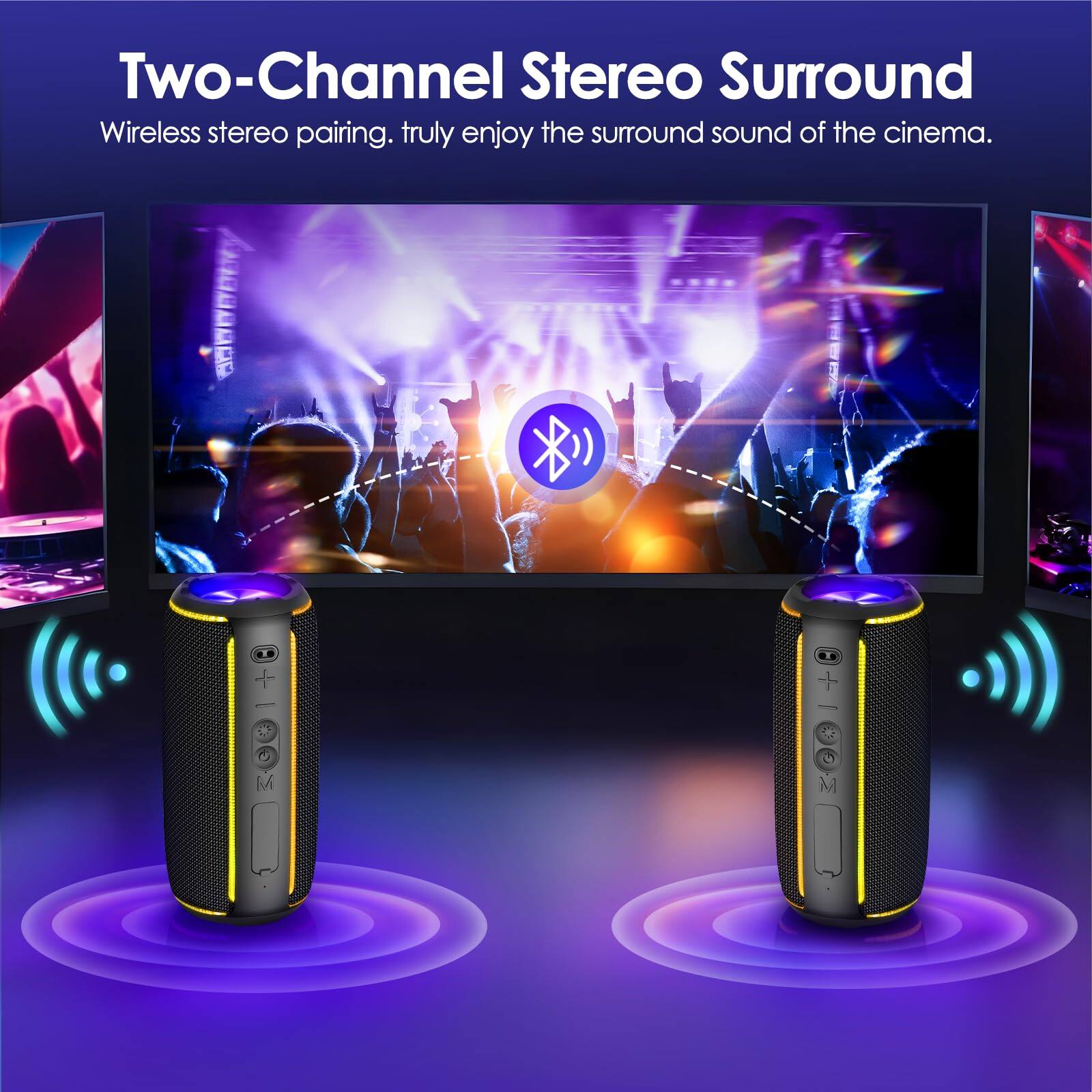 Two-Channel Stereo Surround  
Wireless stereo pairing. truly enjoy the surround sound of the cinema.