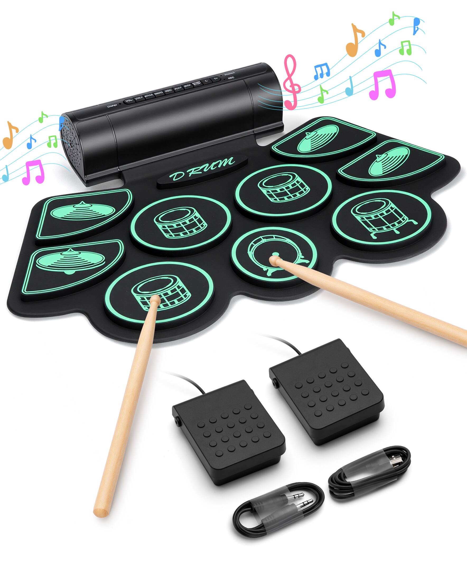 Alt View 7. Sugift - Kids Roll-Up Electronic Drum Set with Speakers, Headphone Jack & Foot Pedals - Green - Green.