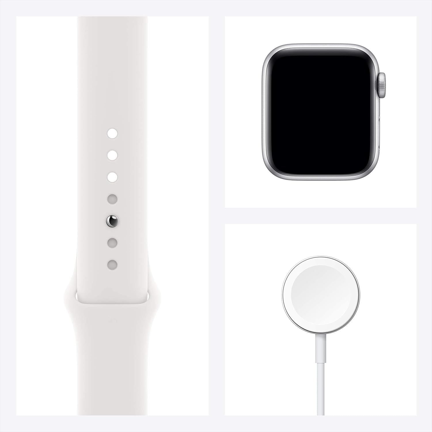 Angle. Apple - Apple Watch SE (GPS, 40mm) - Silver Aluminum Case with White Sport Band - Silver Aluminum.