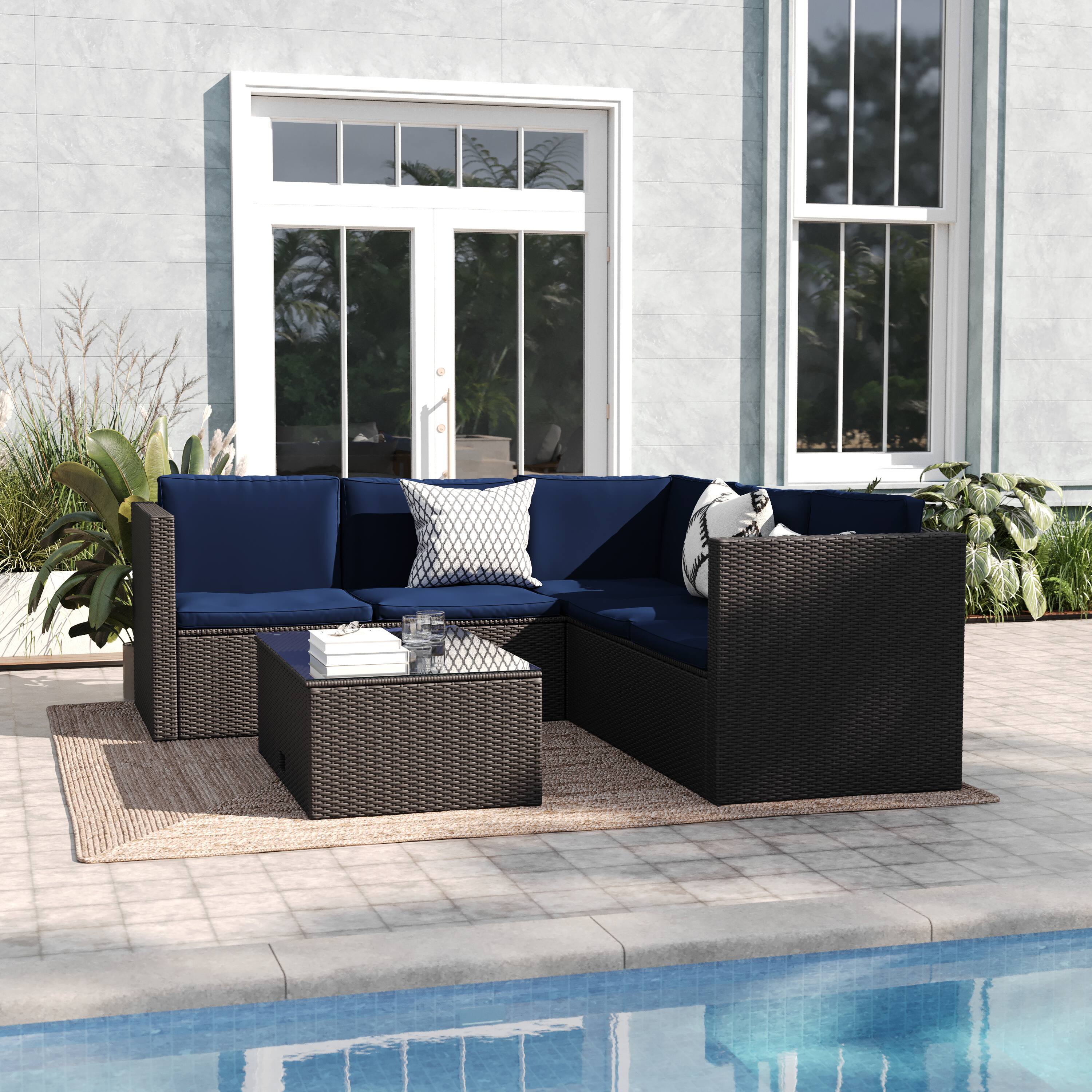 Alt View 1. Emma + Oliver - Beal All Weather Wicker PE Rattan L-Shaped Sectional Sofa with Coffee Table and Included Back and Seat Cushions - Navy Cushions/Brown Frame.