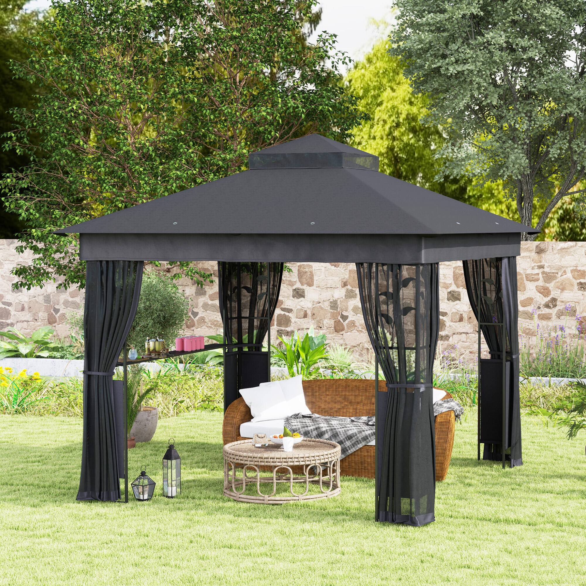 Alt View 5. Outsunny -  10' x 10' Outdoor Gazebo with Shelves and Netting, Double Roof Patio Gazebo Canopy Shelter - Dark Gray.