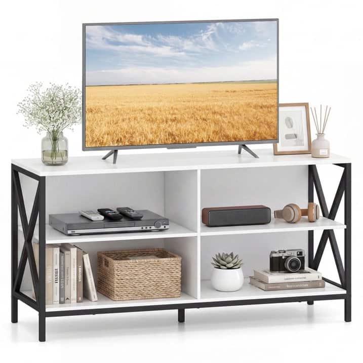 Front. WELLFOR - Farmhouse TV Stand for TVs up to 55 " with X-Shaped Frame, Entertainment Center Media Console with Storage Shelves - White.