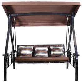 Sunnydaze - 3-Person Steel Patio Swing Bench with Side Tables/Canopy - Brown Stripe/Black Frame