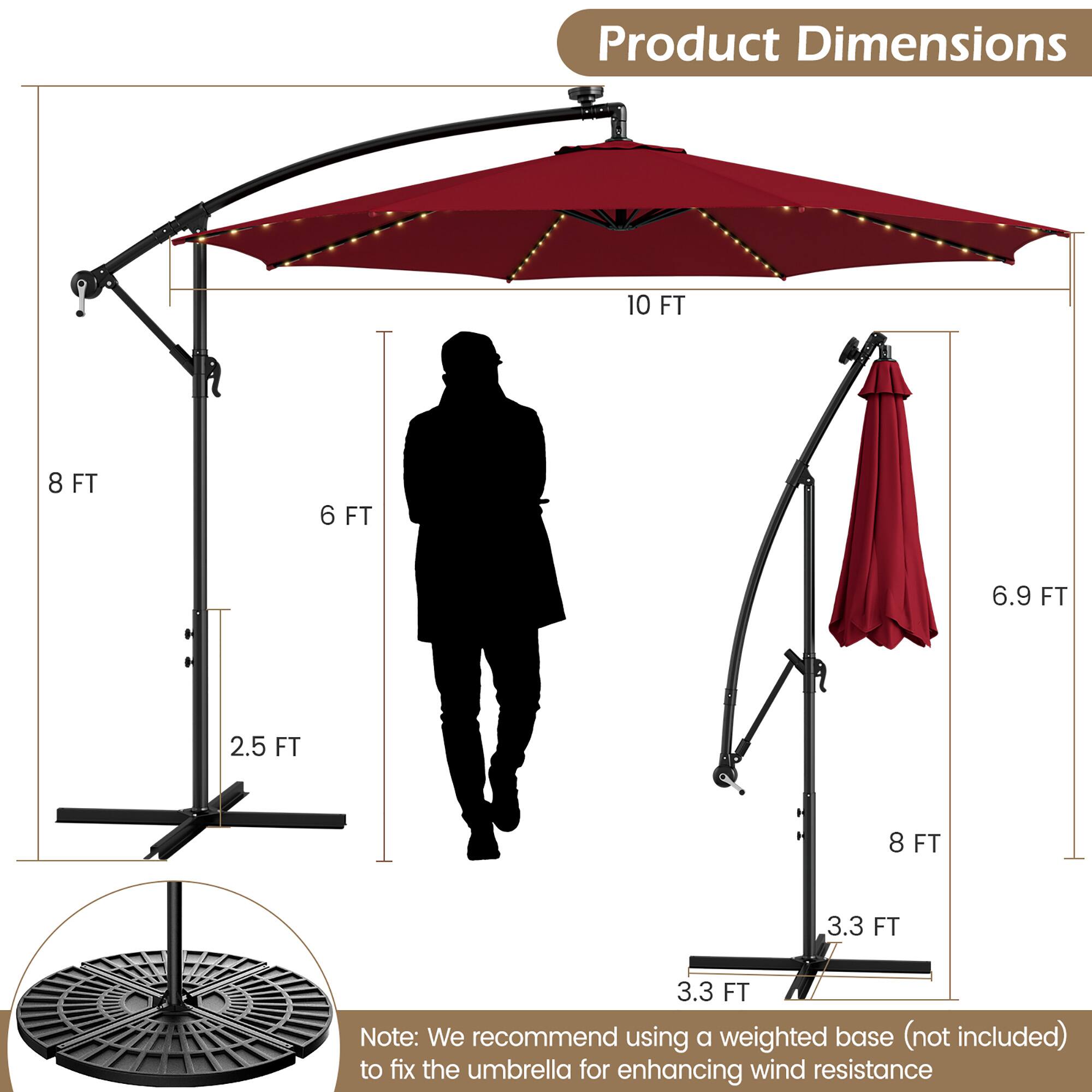 Product Dimensions: 10 FT, 8 FT, 6 FT, 6.9 FT, 2.5 FT, 8 FT, 3.3 FT, 3.3 FT. Note: We recommend using a weighted base (not included) to fix the umbrella for enhancing wind resistance.