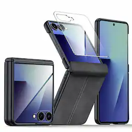 Dteck - Rugged Case for Samsung Galaxy Z Flip8 Shockproof PU Leather Hinge Protection Cover Built-in Front Screen Protector - Black