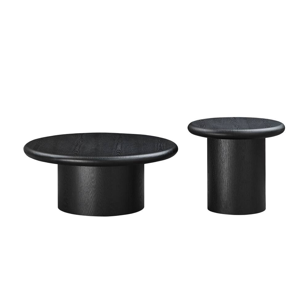 Angle. Loheer - Loheer 2-Piece Modern Round Coffee Table Set Black Nesting Wood Veneer Easy Assembly - Black.