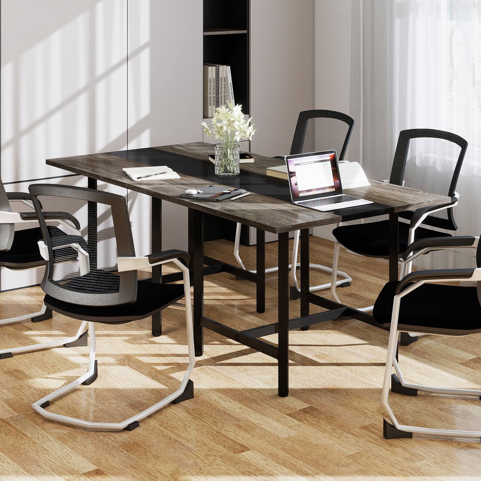 Alt View 3. Costway - Costway 2 PCS 39.5" Square Conference Table with Thickened Tabletop & Heavy-duty Metal Frame - Gray + Black.