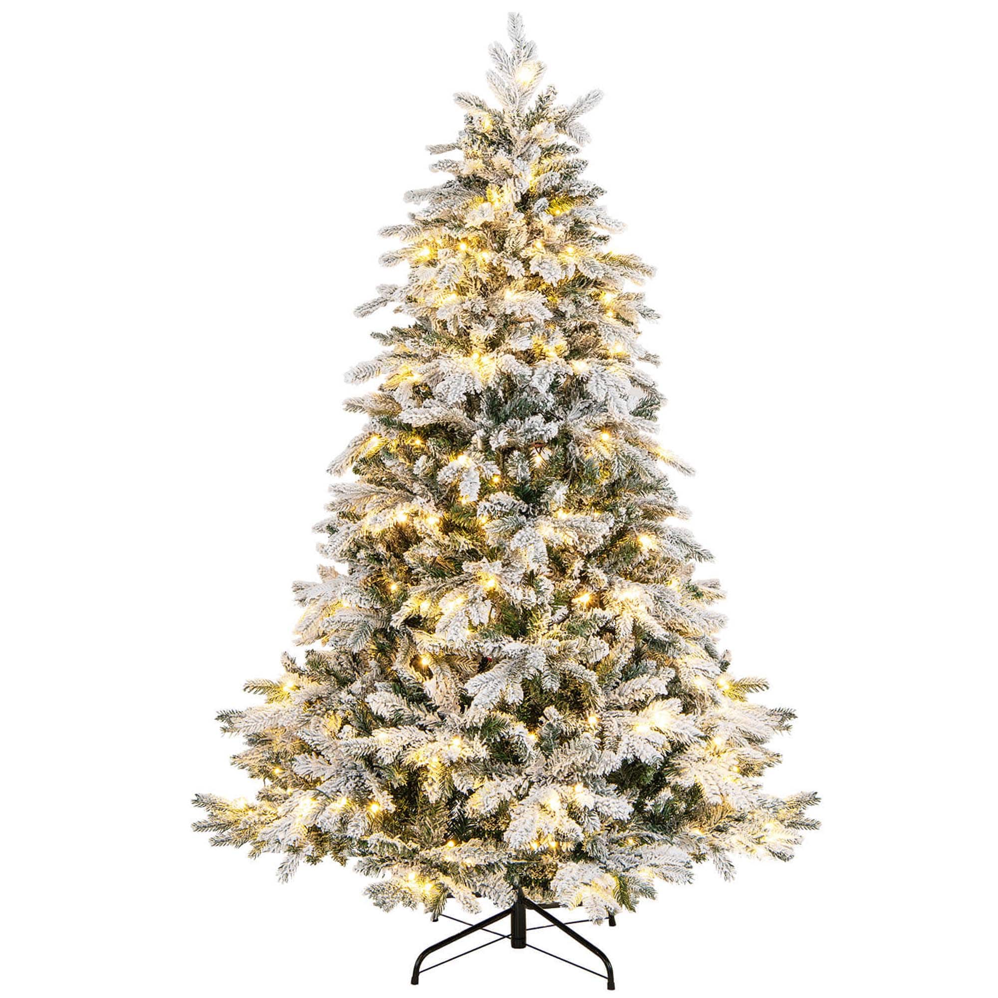 Front. Costway - 6 FT Pre-Lit Flocked Christmas Tree Hinged w/ 260 LED Lights & 1415 Branch Tips - Green/White.