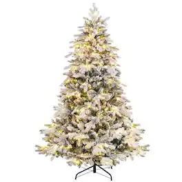 Costway - 6 FT Pre-Lit Flocked Christmas Tree Hinged w/ 260 LED Lights & 1415 Branch Tips - Green/White