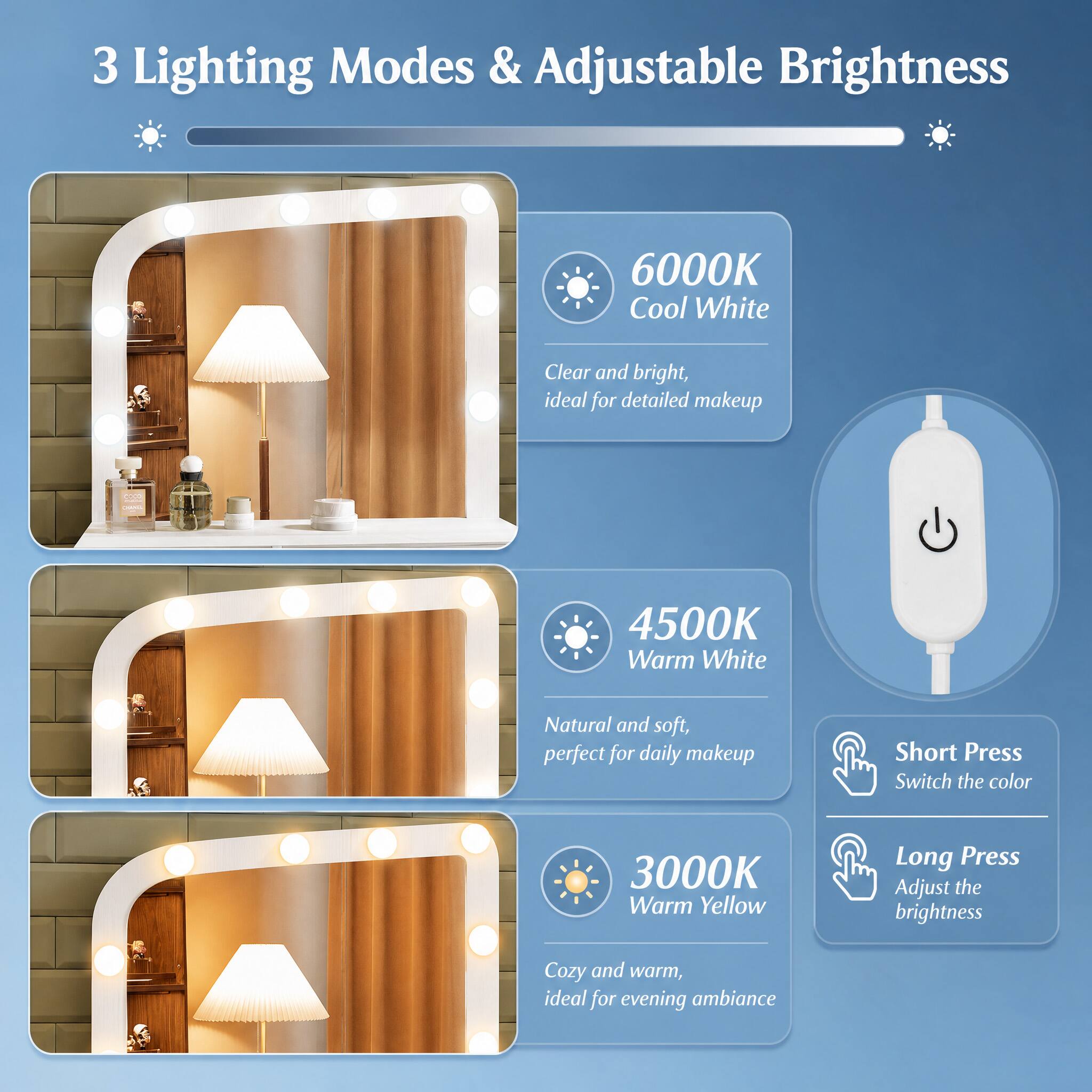 3 Lighting Modes & Adjustable Brightness

6000K Cool White
Clear and bright, ideal for detailed makeup

4500K Warm White
Natural and soft, perfect for daily makeup

3000K Warm Yellow
Cozy and warm, ideal for evening ambiance

Short Press Switch the color
Long Press Adjust the brightness