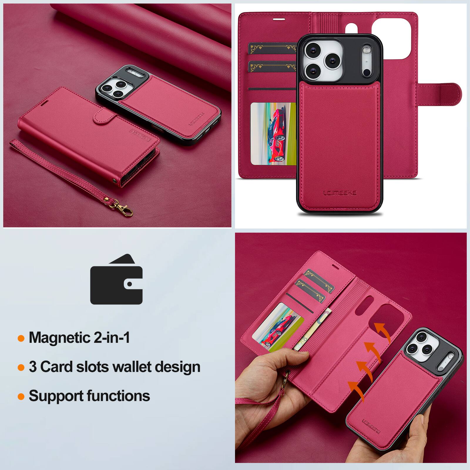 POWER
LEIMEERE
Magnetic 2-in-1 3 Card slots wallet design Support functions