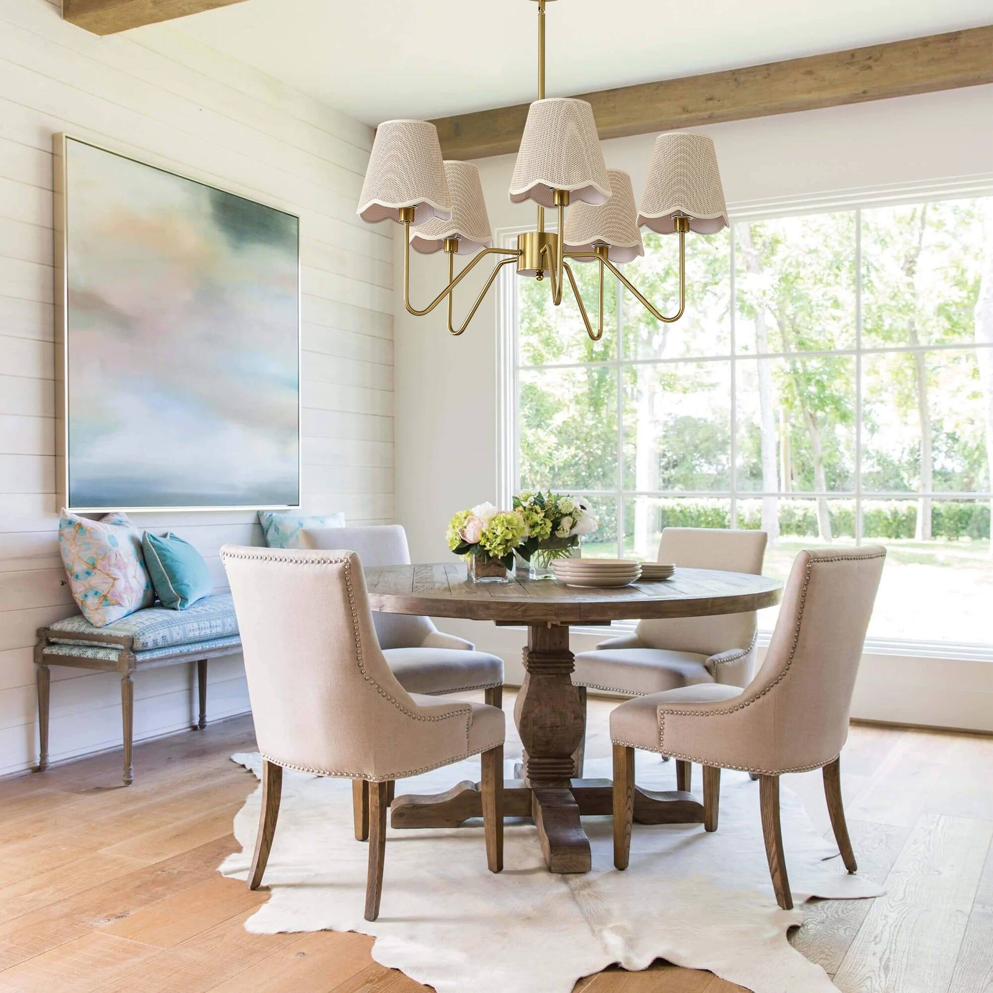 Angle. RYHNUYNE - 5-Light Boho Chandelier with Fabric Shades 32 Inch Adjustable Brass Pendant Light for Dining Room Kitchen Island - Gold.