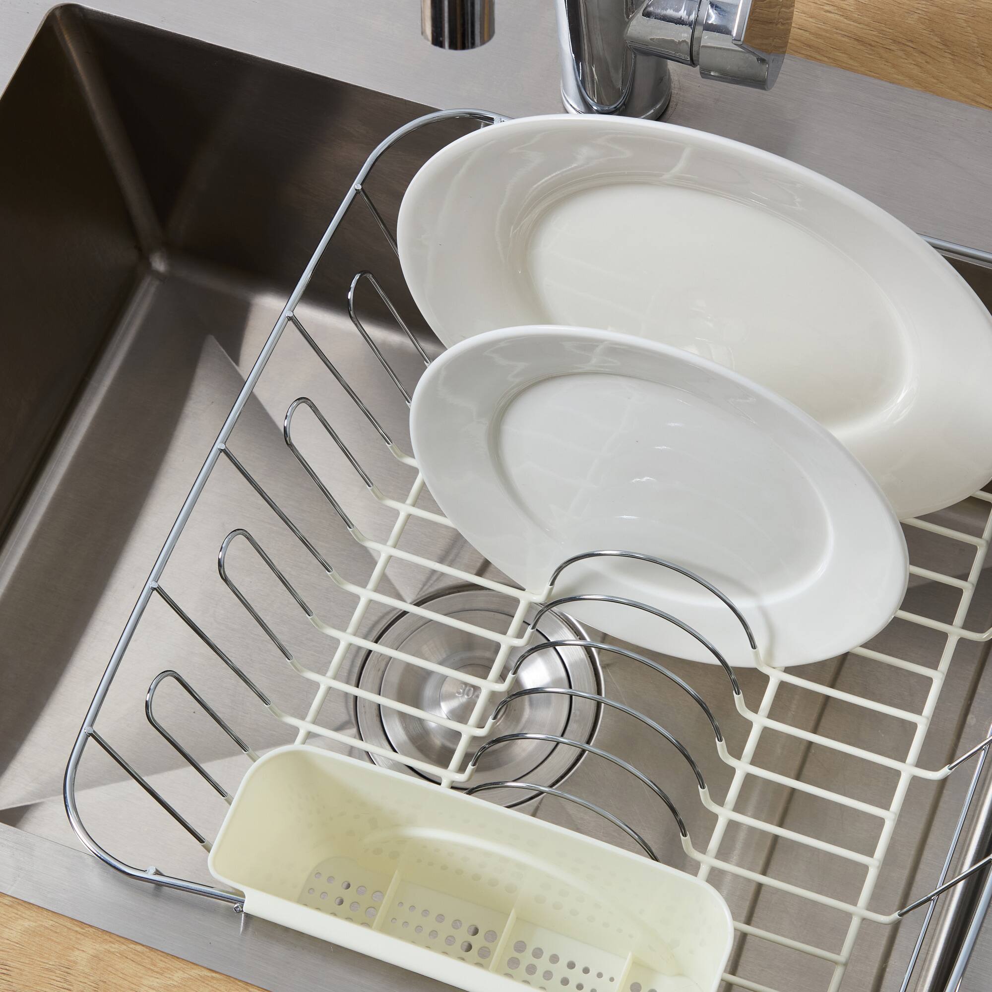 Left. Sweet Home Collection - Chrome Plated Steel 2-Piece Small Compact Dish Drainer - Ivory.