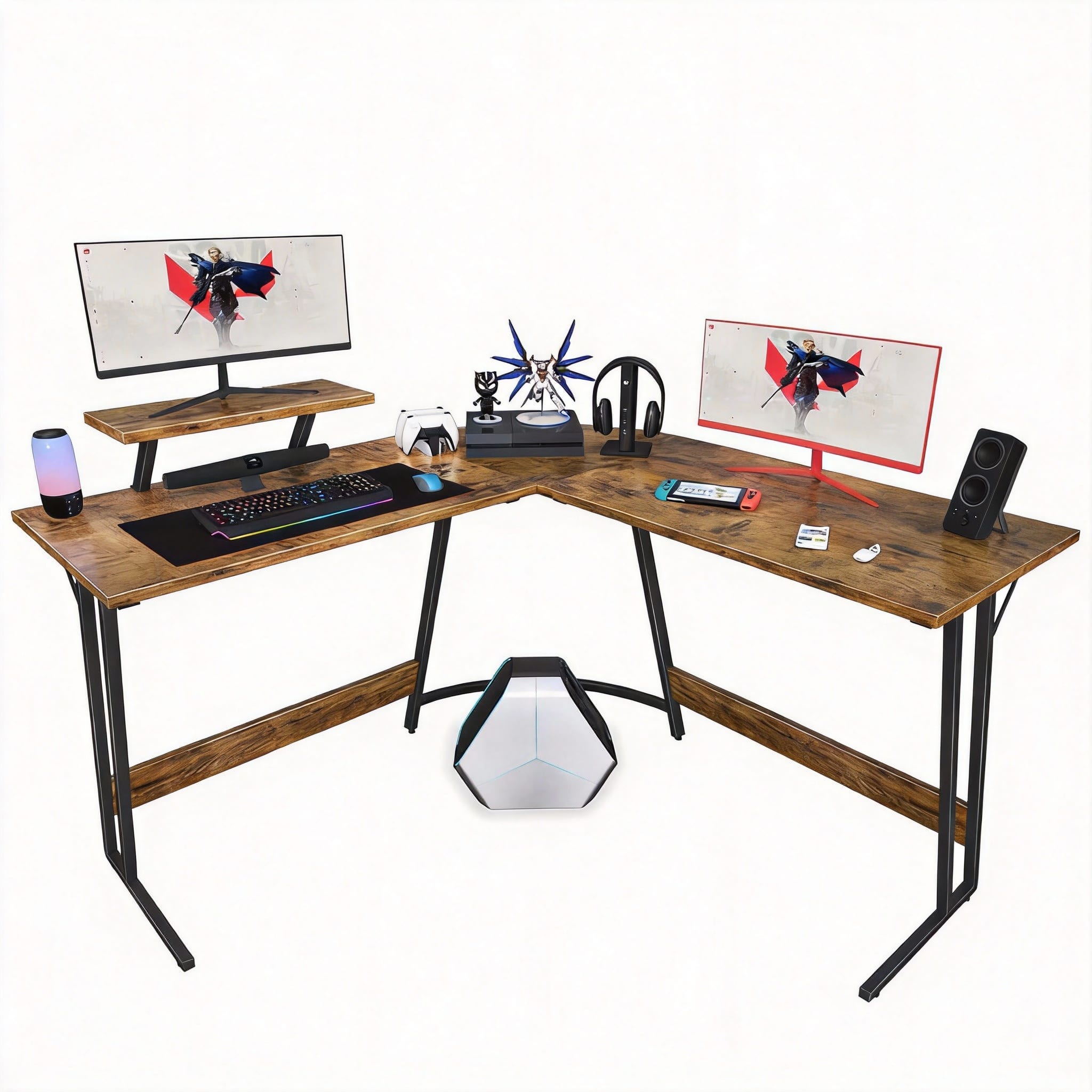 Frangdom - 51 Inch L Shaped Gaming Desk Corner PC Table with Monitor Riser - Classical Brown 51 Inch