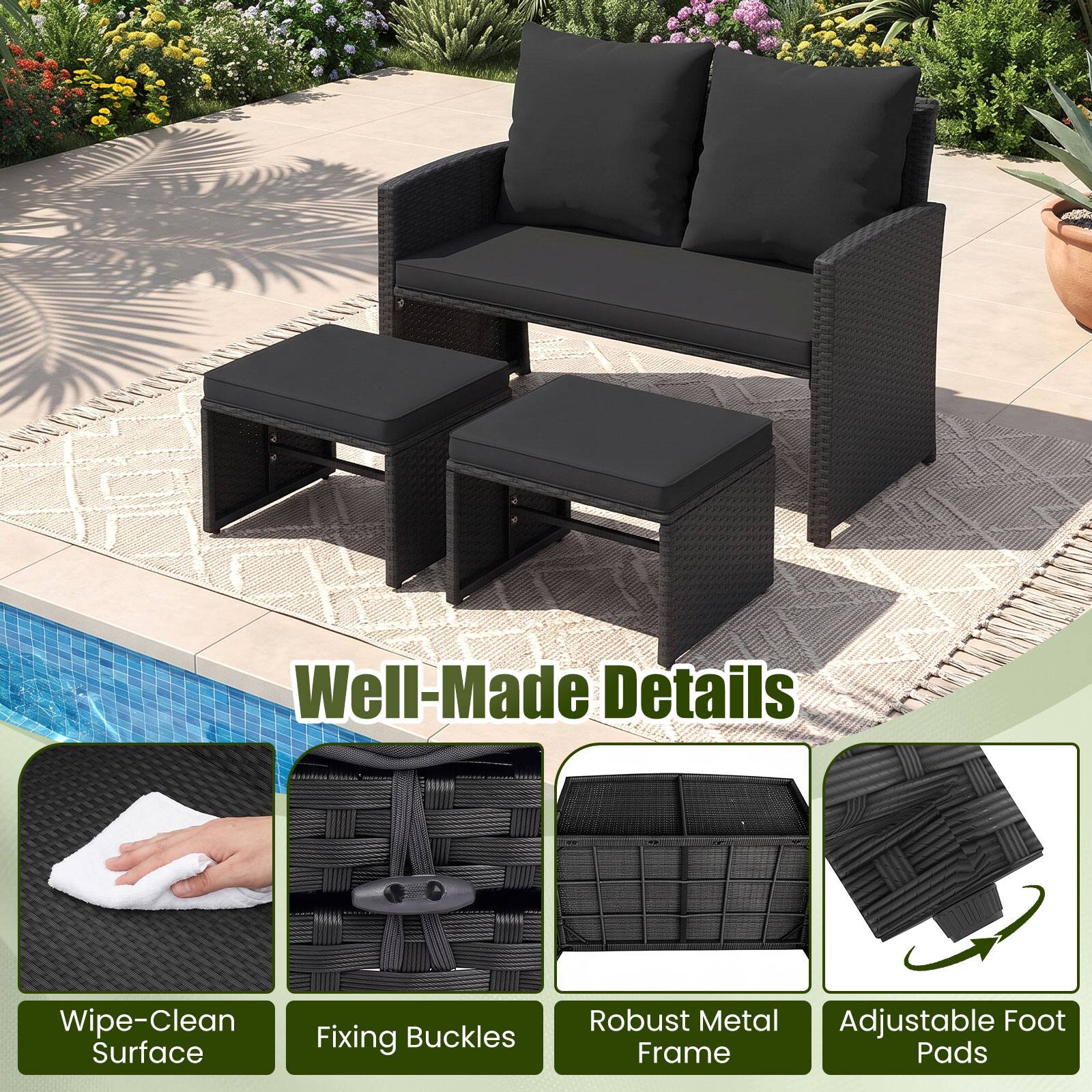 Well-Made Details

- Wipe-Clean Surface
- Fixing Buckles
- Robust Metal Adjustable Foot Frame Pads