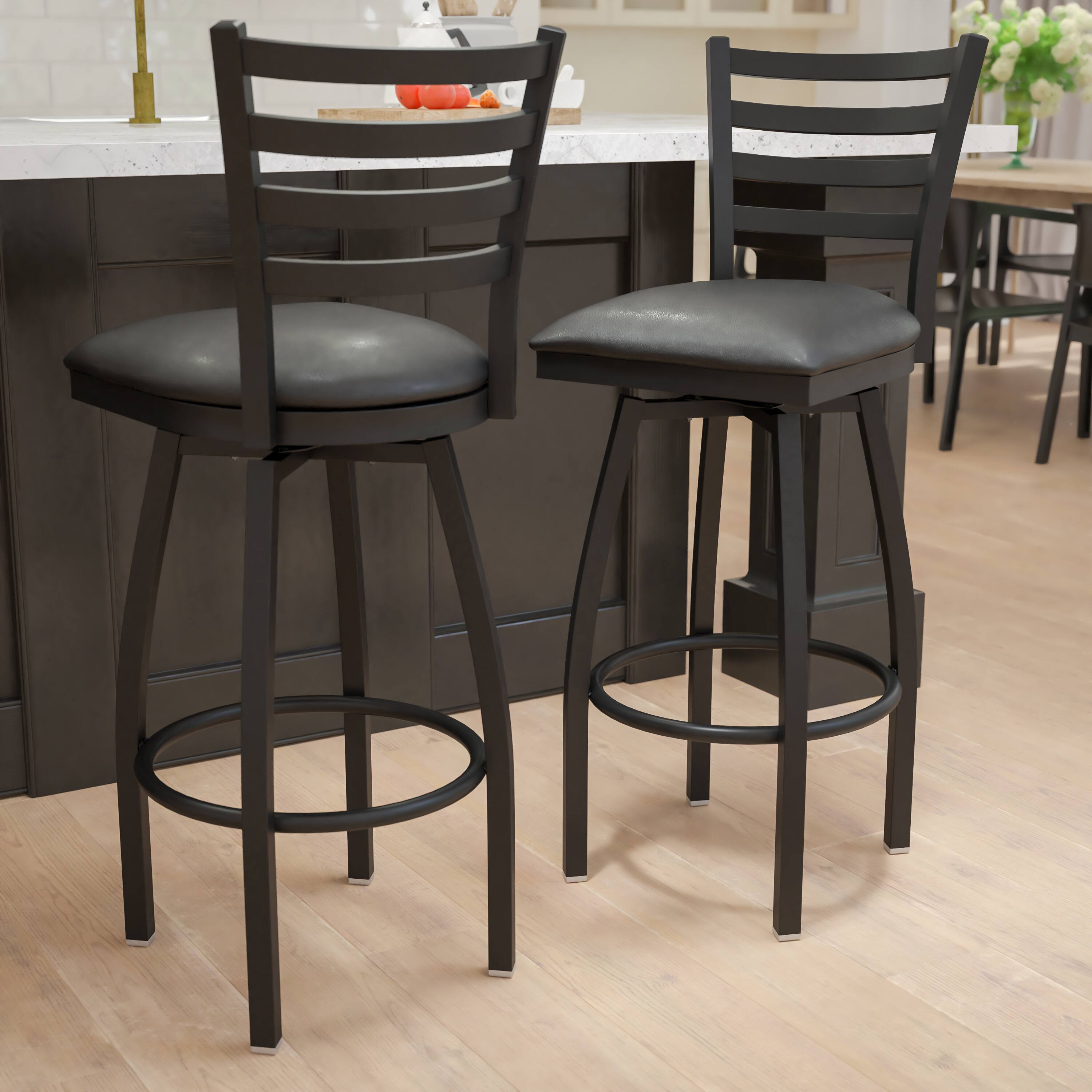 Alt View 2. Emma + Oliver - 2 Pack Ladder Back Swivel Metal Barstool - Black Vinyl Seat/Black Metal Frame.