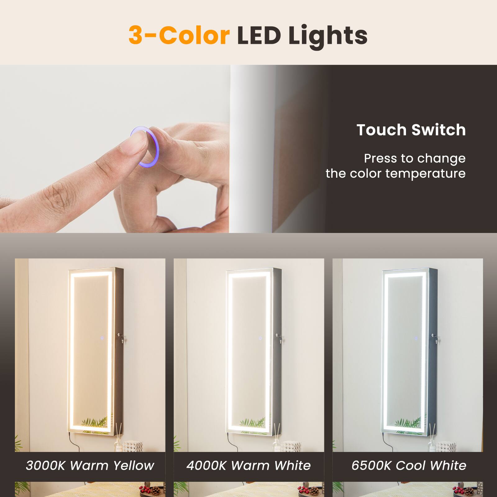 The image features a person holding a small object, which is a LED light with a touch switch. The text on the image states that the LED light has a touch switch that allows the user to change the color temperature. The available color temperatures are 3000K (Warm Yellow), 4000K (Warm White), and 6500K (Cool White).