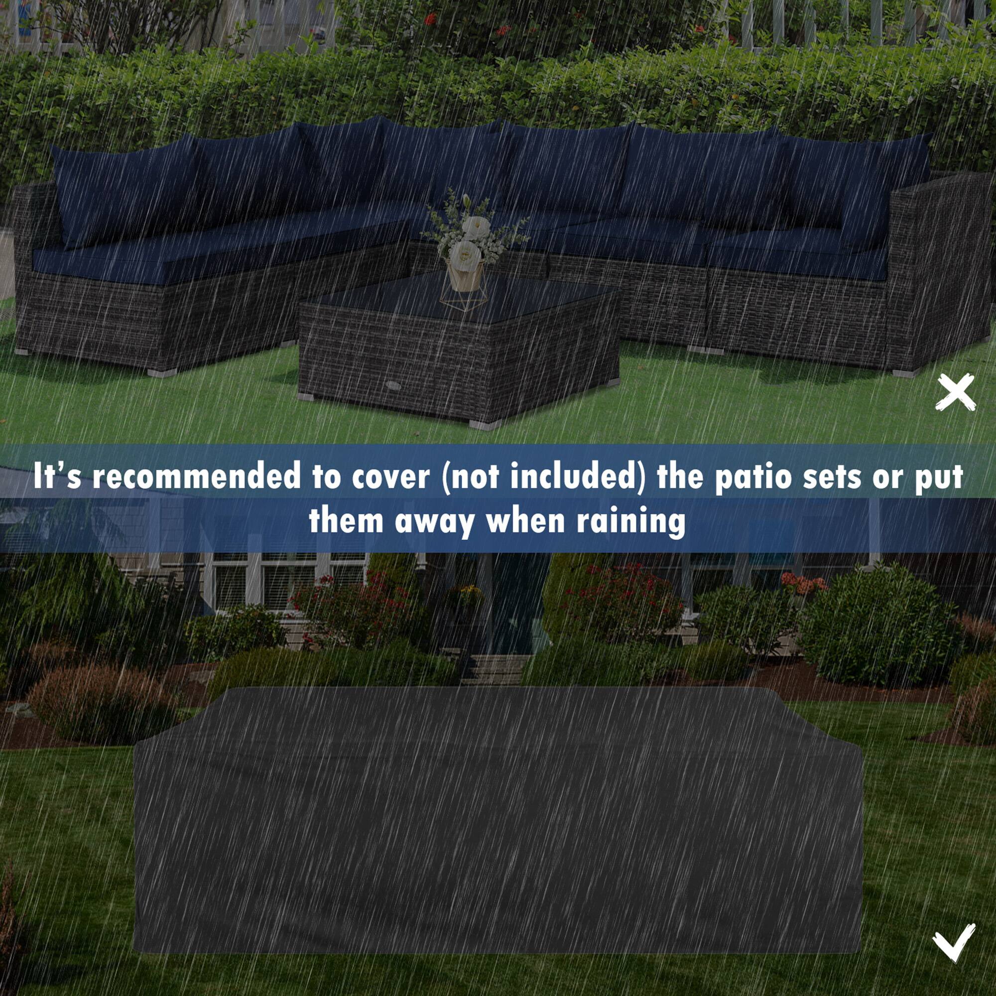 X It's recommended to cover (not included) the patio sets or put them away when raining V
