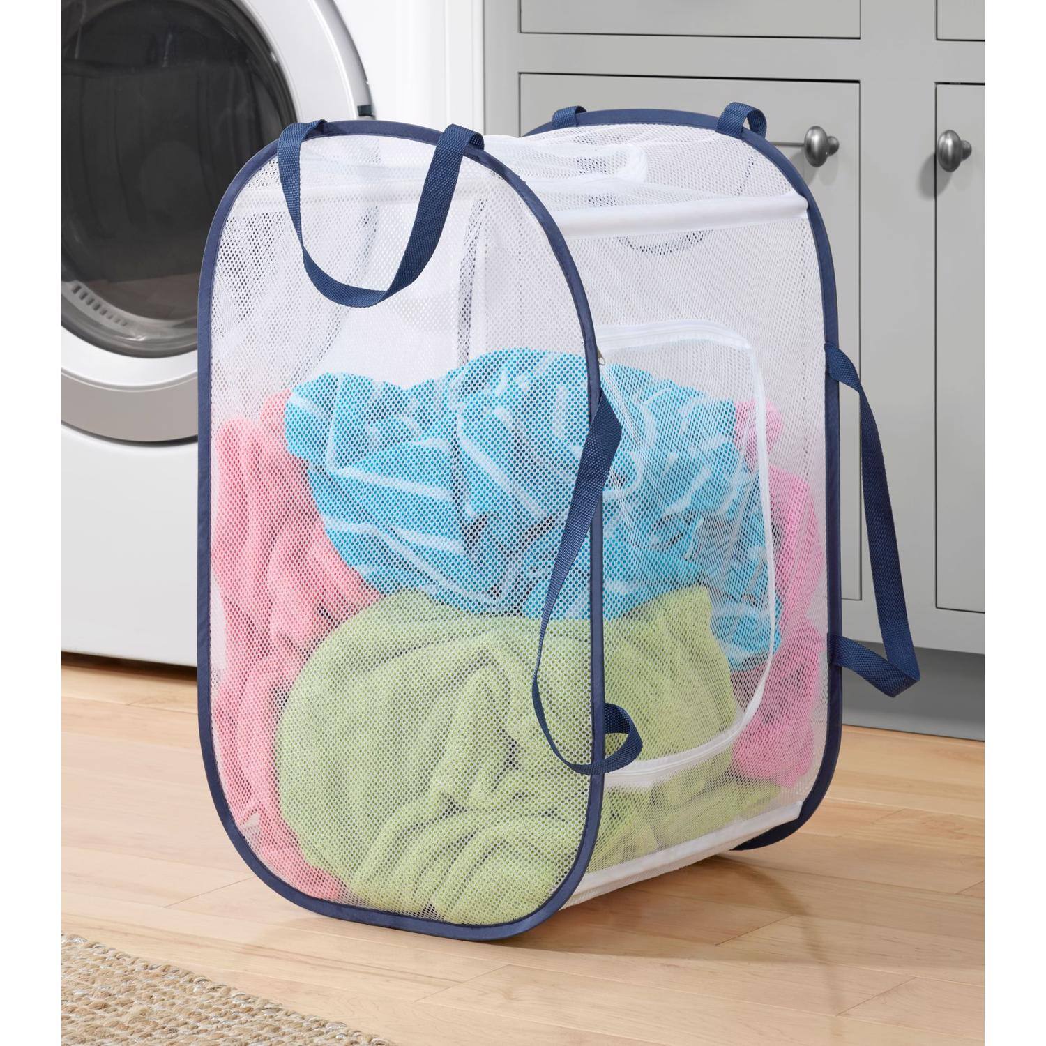 Left. Whitmor - Whitmor Blue/White Fabric Collapsible Hamper - Blue/White.