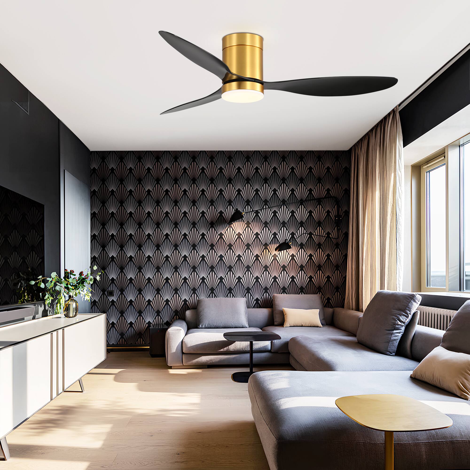 Alt View 1. Breezary - 52-Inch Flush Mount LED Ceiling Fan with 3 ABS Blades, DC Motor 120V/60Hz 28W, Memory Function, Remote Control - Black and Gold (with light).
