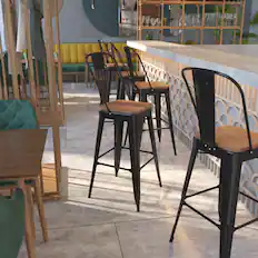 Front. Emma + Oliver - 30"H Metal Dining Barstool with Back and Square Wood Seat - Black.
