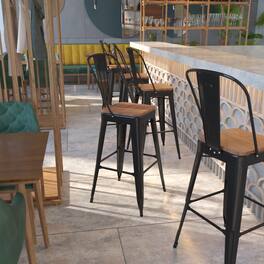 Emma + Oliver - 30"H Metal Dining Barstool with Back and Square Wood Seat - Black