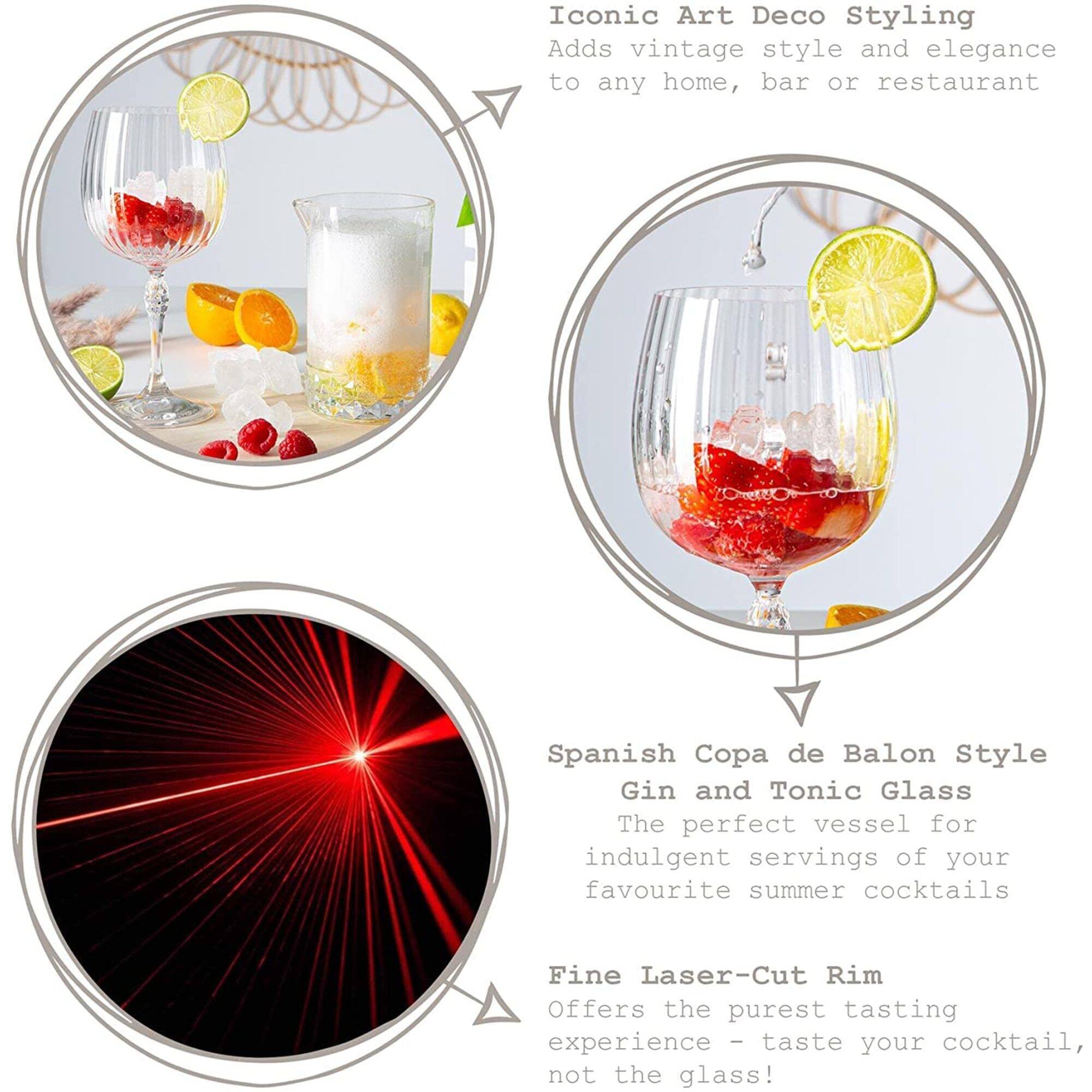 Iconic Art Deco Styling  
Adds vintage style and elegance to any home, bar or restaurant  

Spanish Copa de Balon Style Gin and Tonic Glass  
The perfect vessel for indulgent servings of your favourite summer cocktails  

Fine Laser-Cut Rim  
Offers the purest tasting experience - taste your cocktail, not the glass!