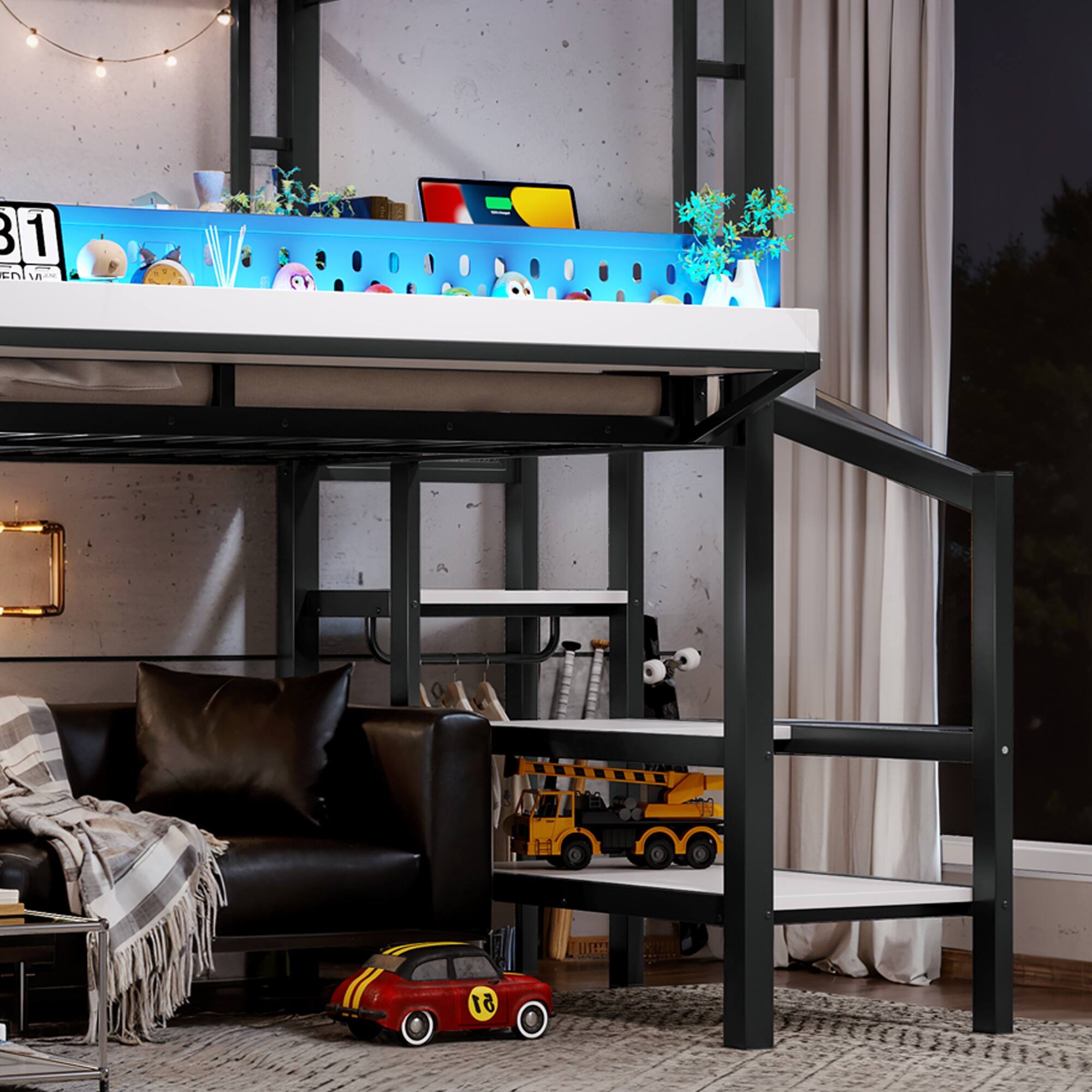 Alt View 2. Boyel Living - Full Size Loft Bed with Storage Stairs Shelves and Built in Wardrobe Metal Loft Bed Frame - Black.