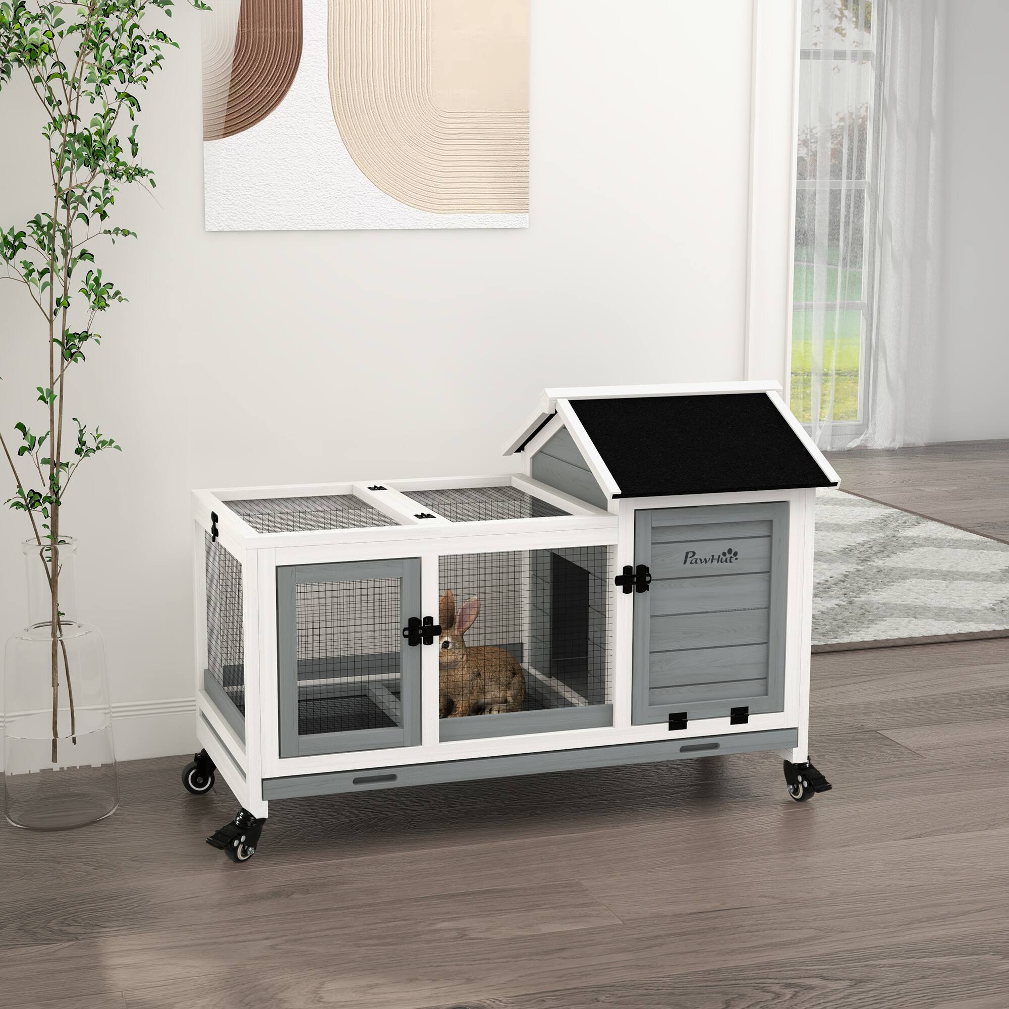 Angle. Pawhut - Indoor Outdoor Rabbit Hutch with Wheels, Bunny Hutch with Run, Slide-Out Tray for Small Animals, Guinea Pig.