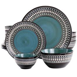 Elama - Sage 16 Piece Double Bowl Stoneware Dinnerware Set - Blue