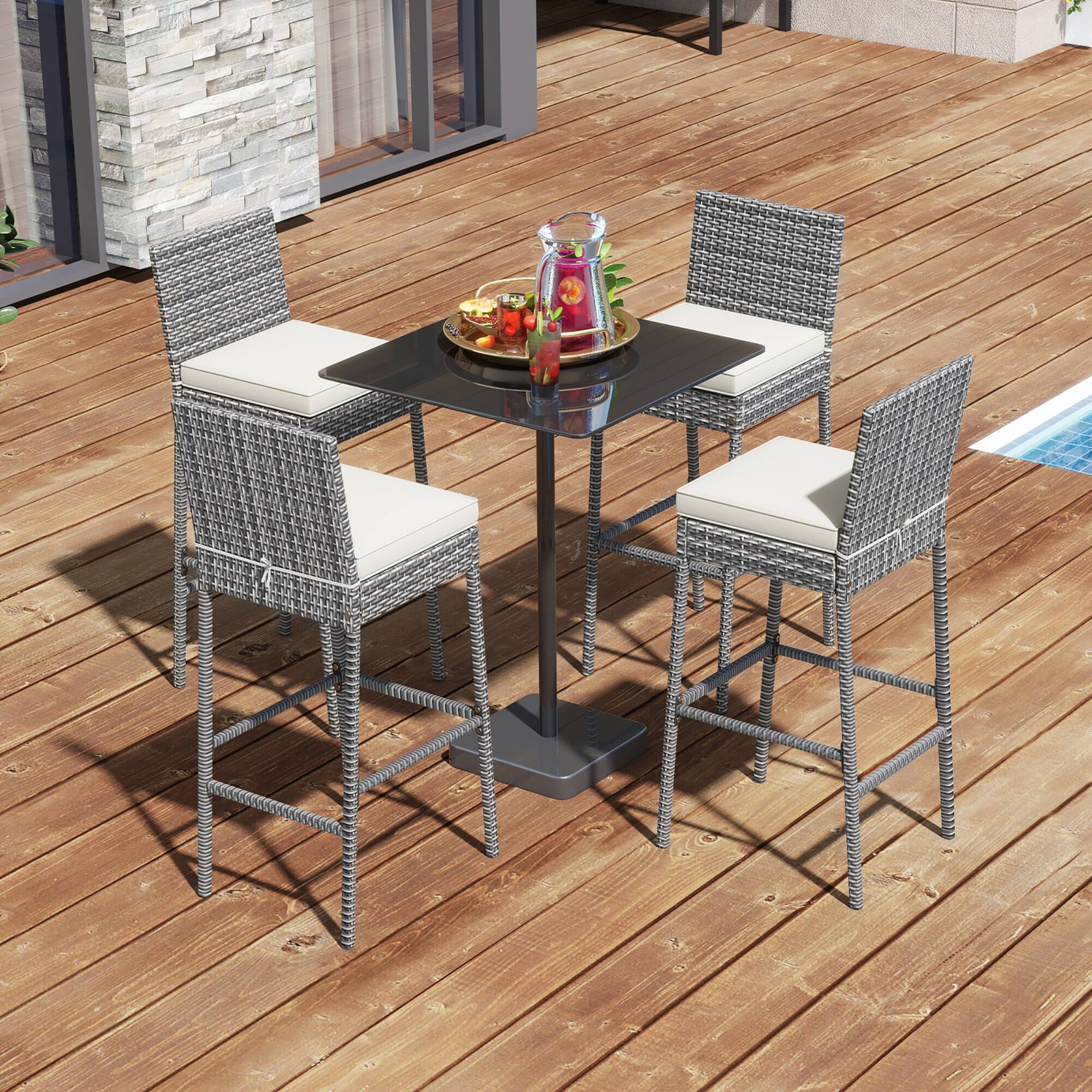 Alt View 4. Gymax - Gymax 2 PCS Patio Wicker Barstools Bar Height Chairs W/ Cushions Backyard Off White - Gray.